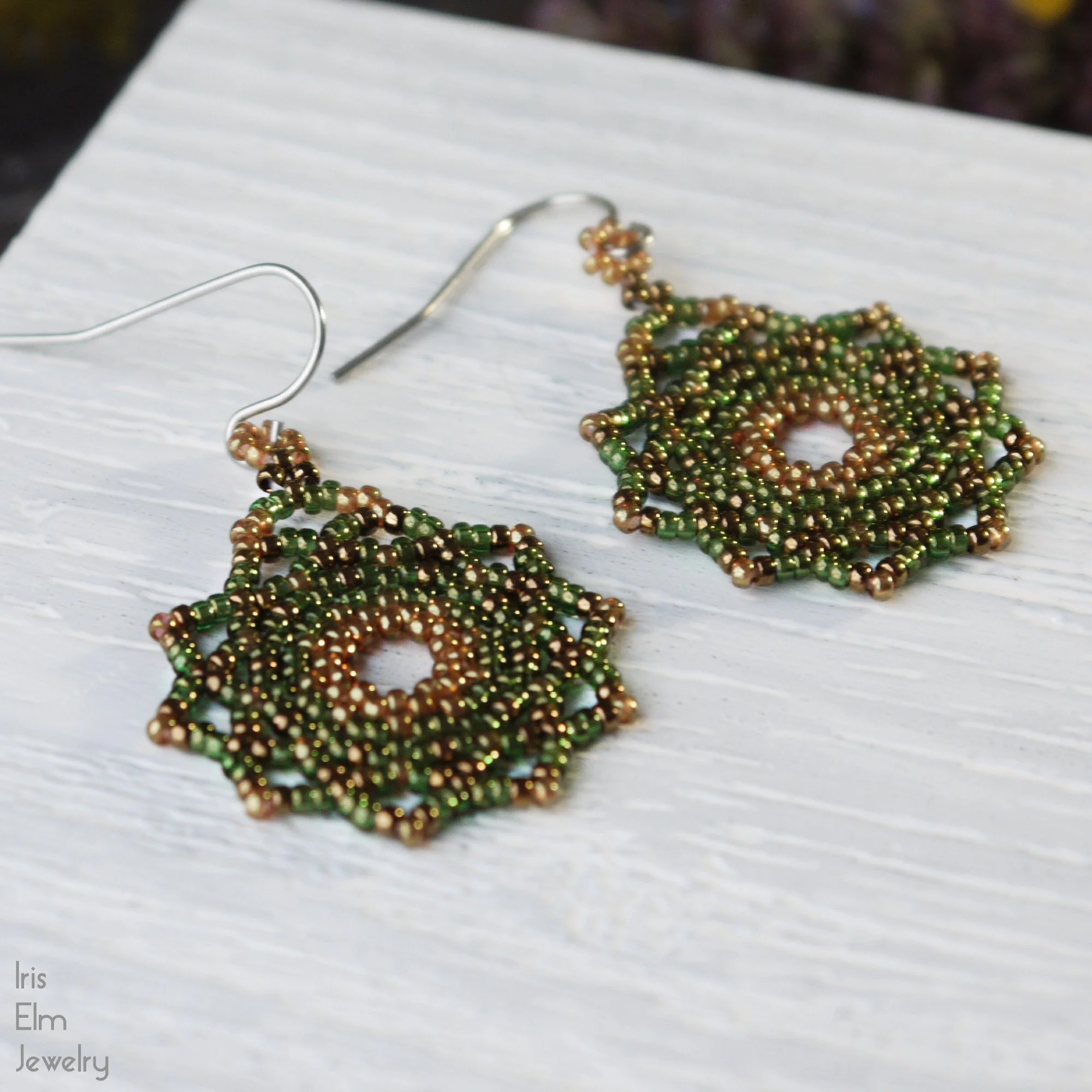 Green and Golden Seed Bead Mandala Earrings - Iris Elm Jewelry - Shop