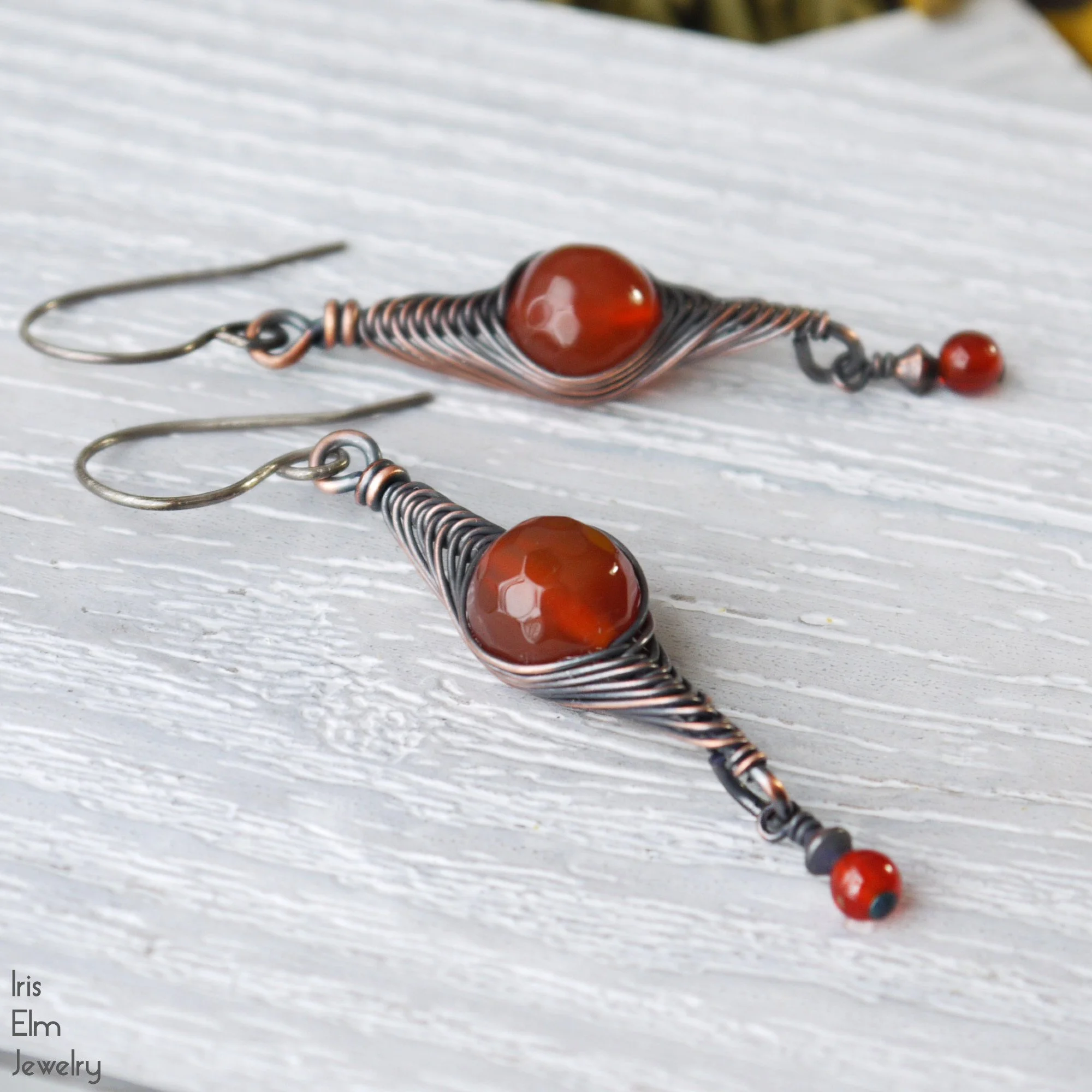 Copper and Red Agate Wire Wrapped Herringbone Dangle Earrings