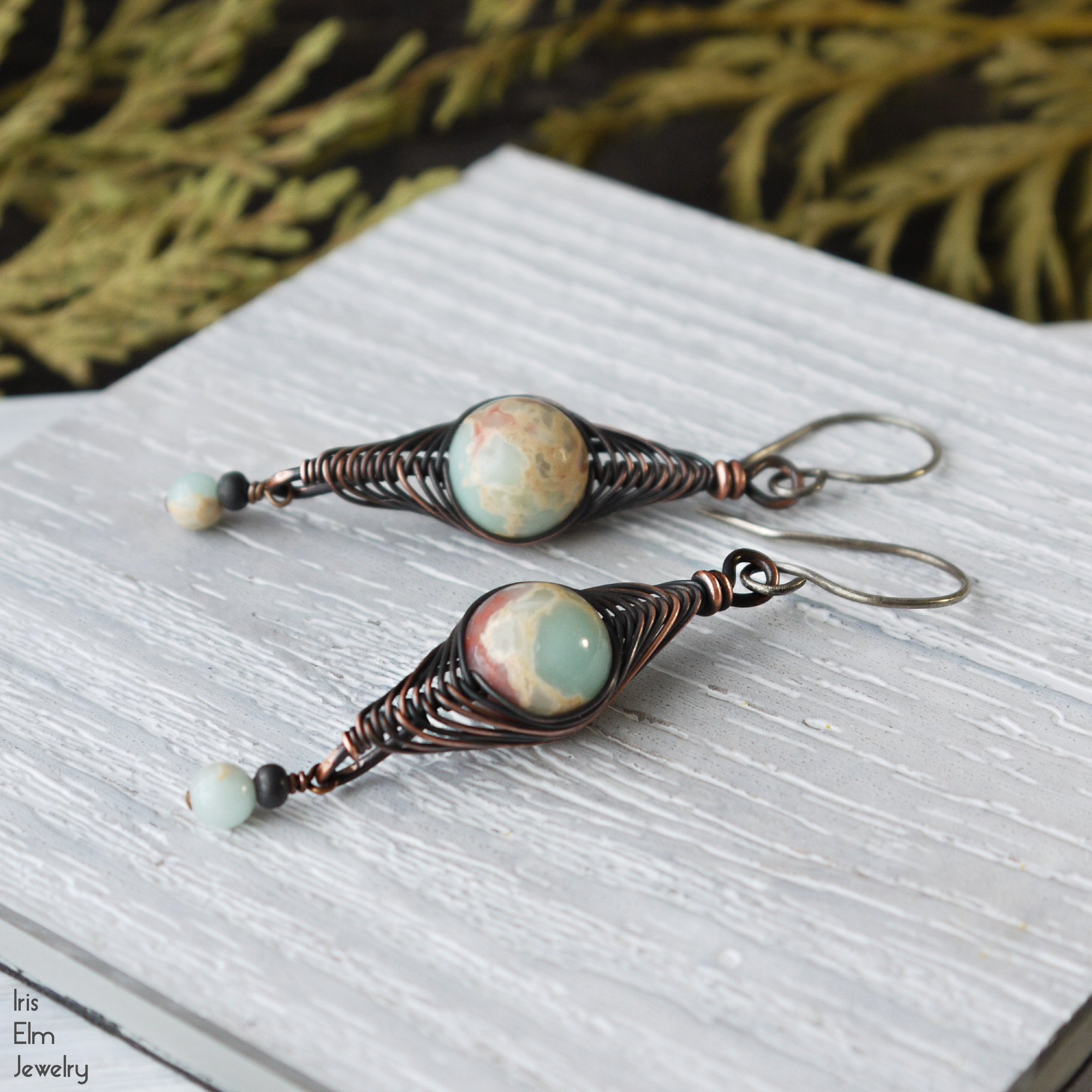 Aqua Terra Jasper Copper Wire Herringbone Dangle Earrings