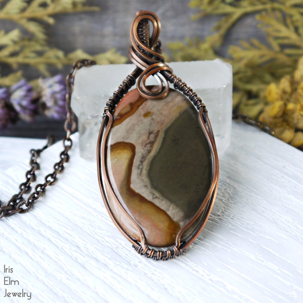 Polychrome Desert Impression Jasper Oval Copper Wire Wrapped Necklace - Iris Elm Jewelry & Soap