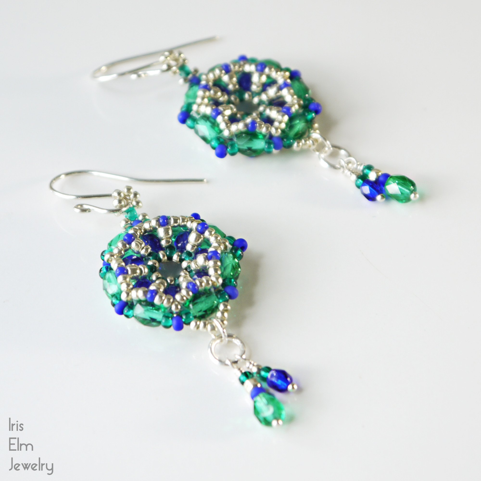 Cobalt Blue and Emerald Green Czech Glass Beadwork Dangle Earrings
