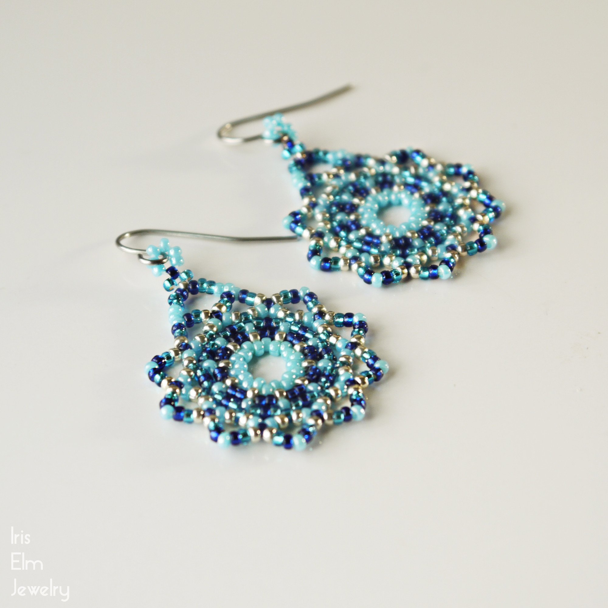 Small Blue Glass Seed Beaded Mandala Earrings