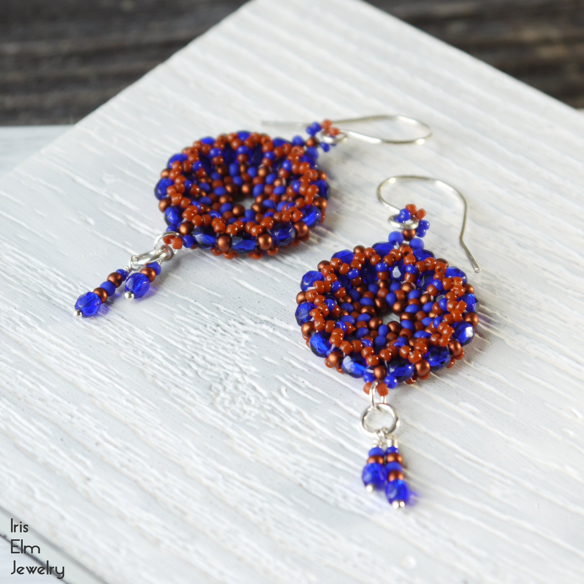 Cobalt Blue and Burnt Orange Beaded Hoop Glass Dangle Earrings