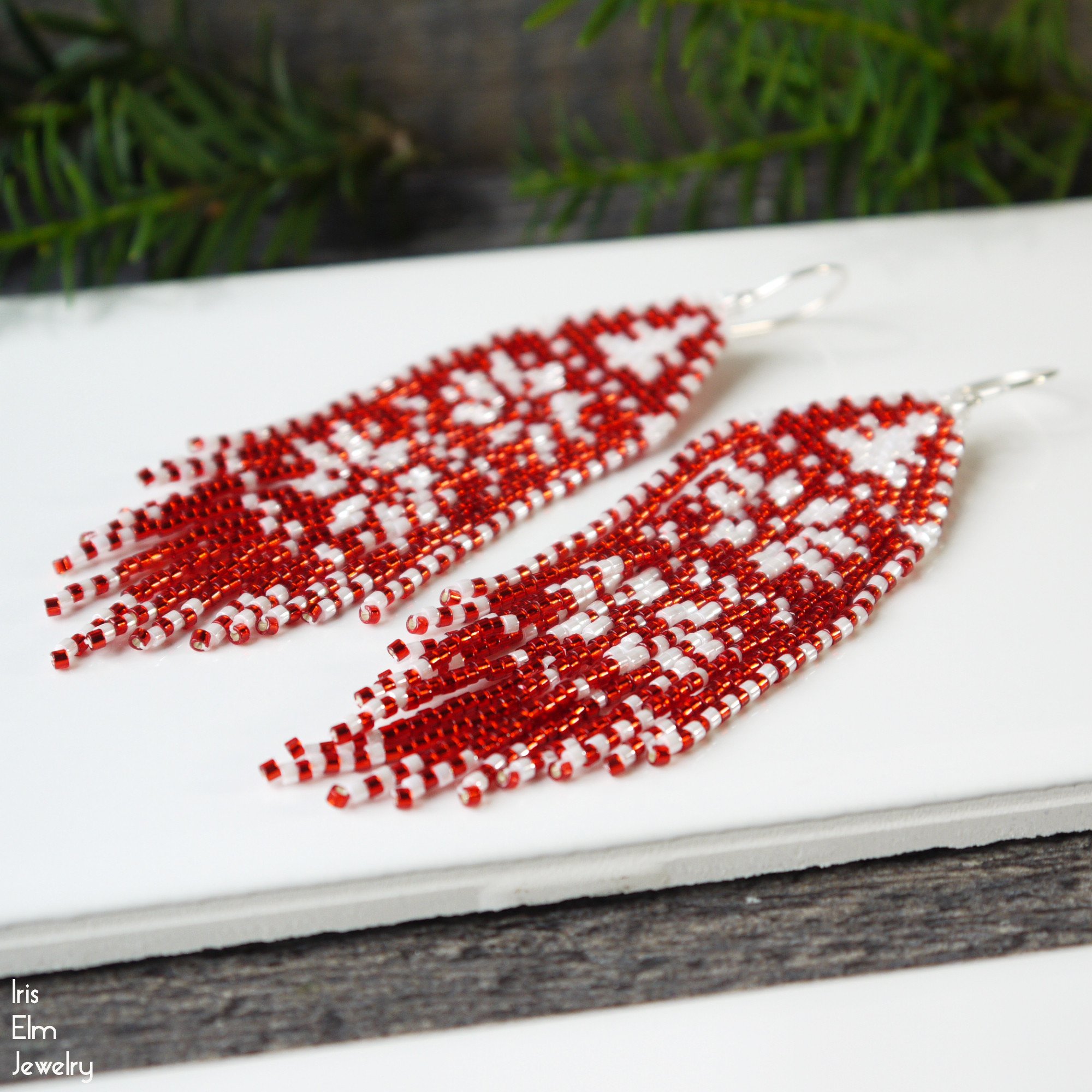 Red and White Holiday Snowflake Glass Fringe Earrings