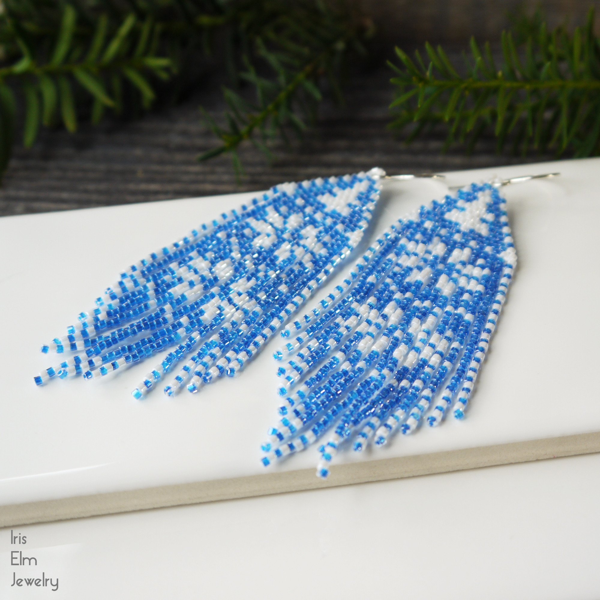 Blue and White Holiday Snowflake Glass Fringe Earrings