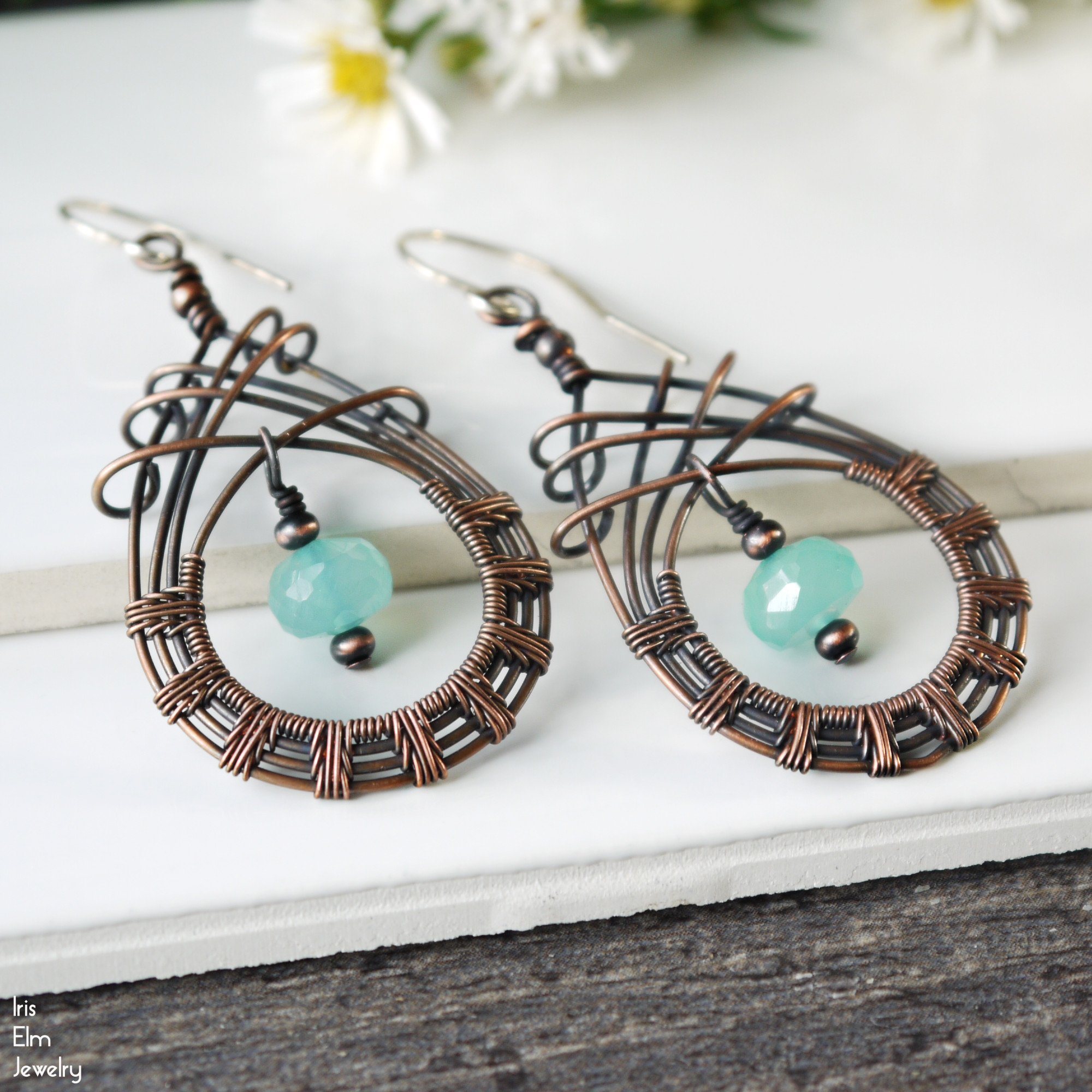 Blue Chalcedony Copper Wire Woven Teardrop Earrings