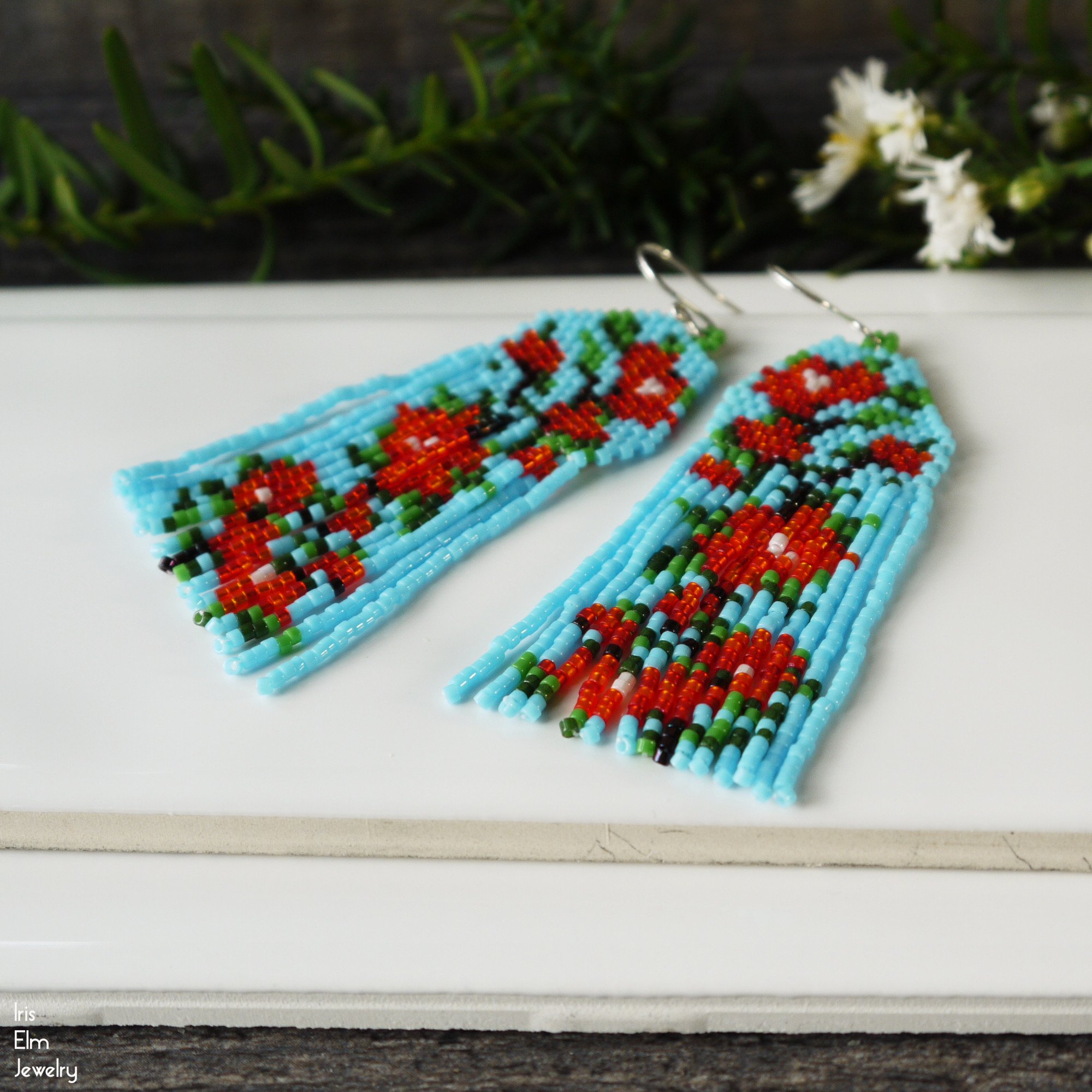Blue and Red Flowers Beaded Seed Bead Fringe Earrings