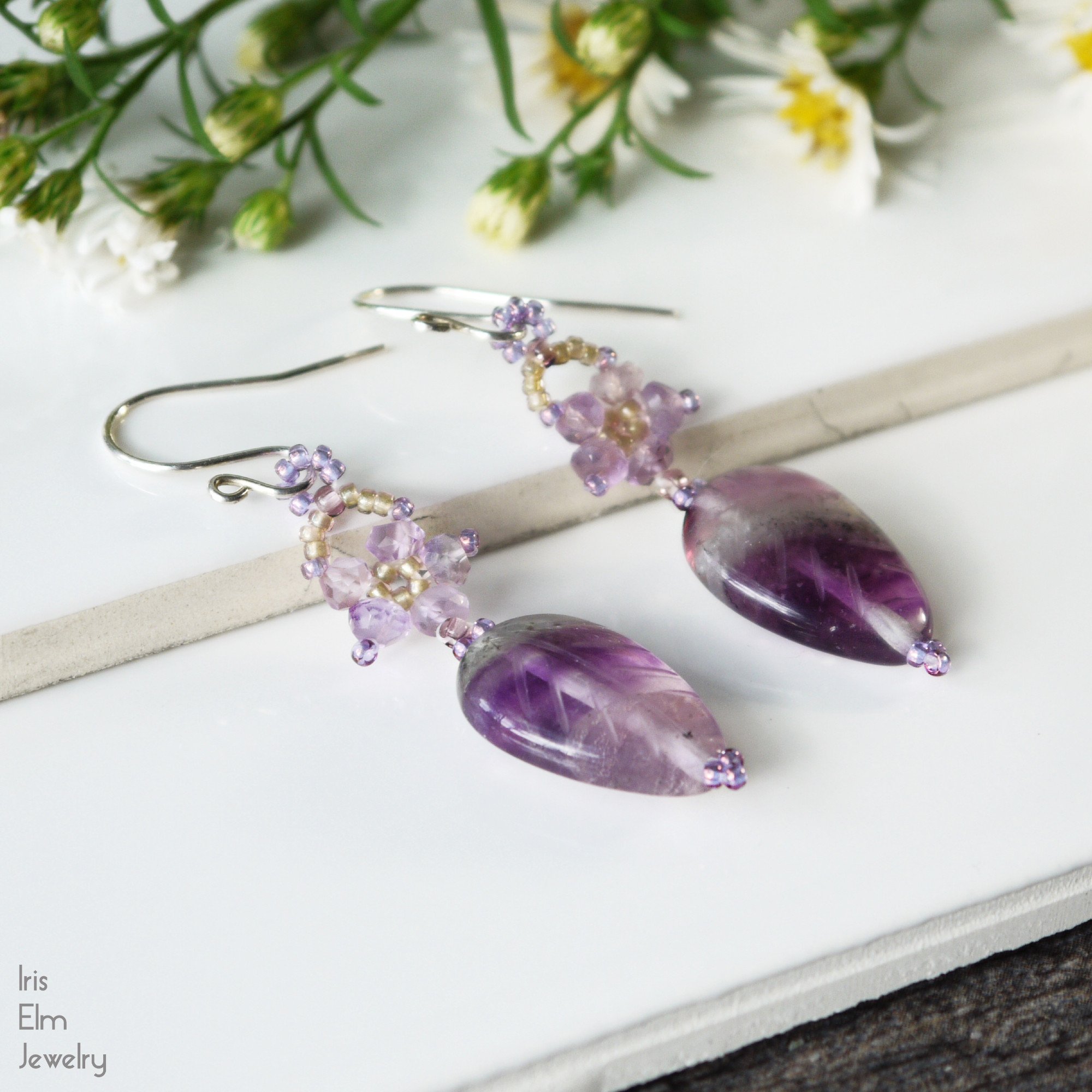 Rainbow Fluorite and Amethyst Flower Earrings