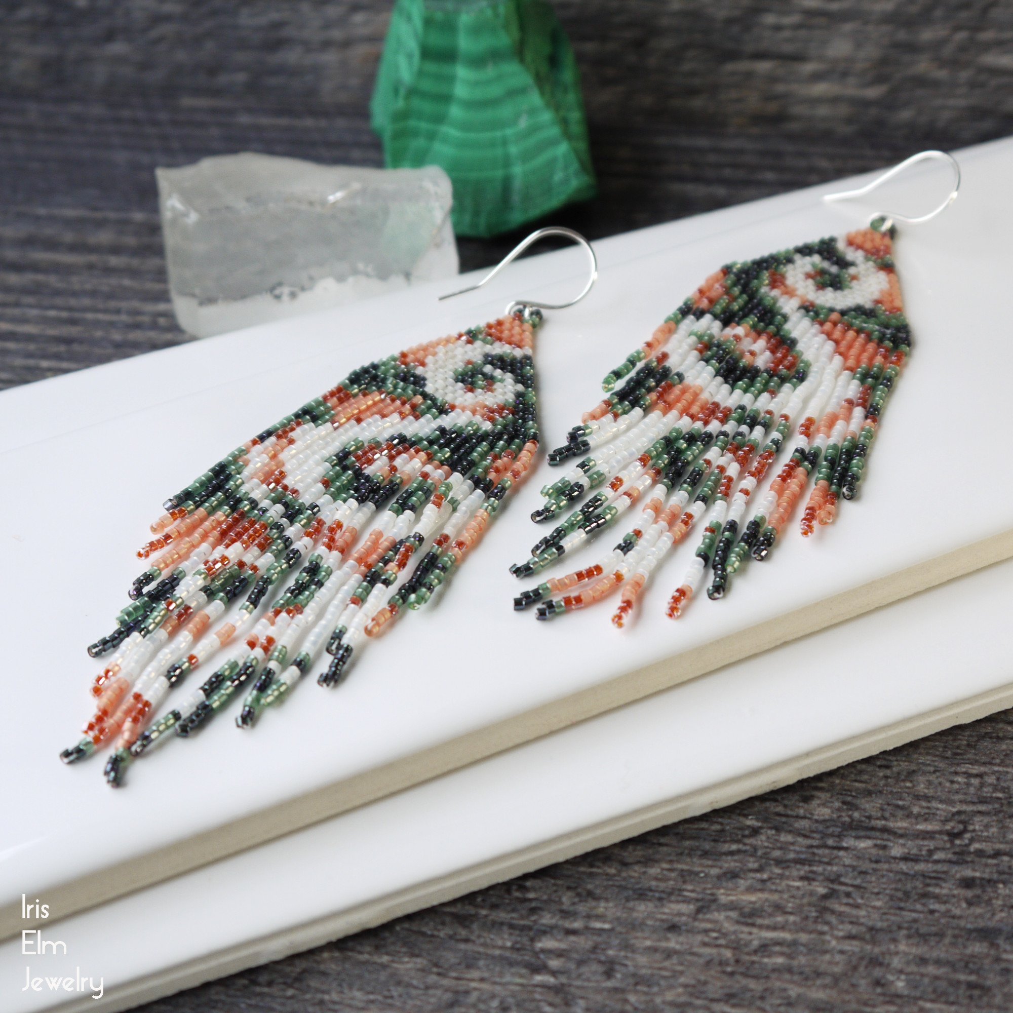 White, Green, and Orange Swirl Seed Bead Long Fringe Earrings