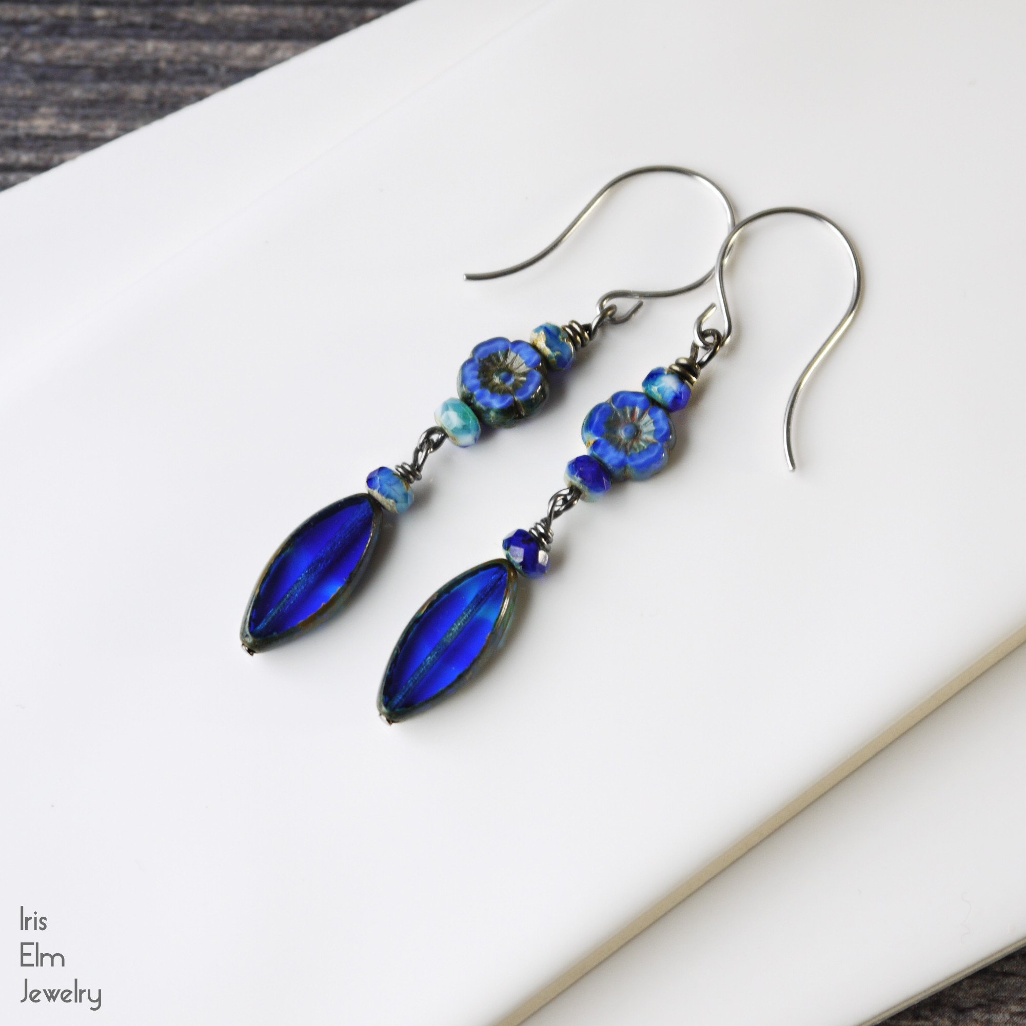 Cobalt Blue Czech Glass Flower Dangle Earrings