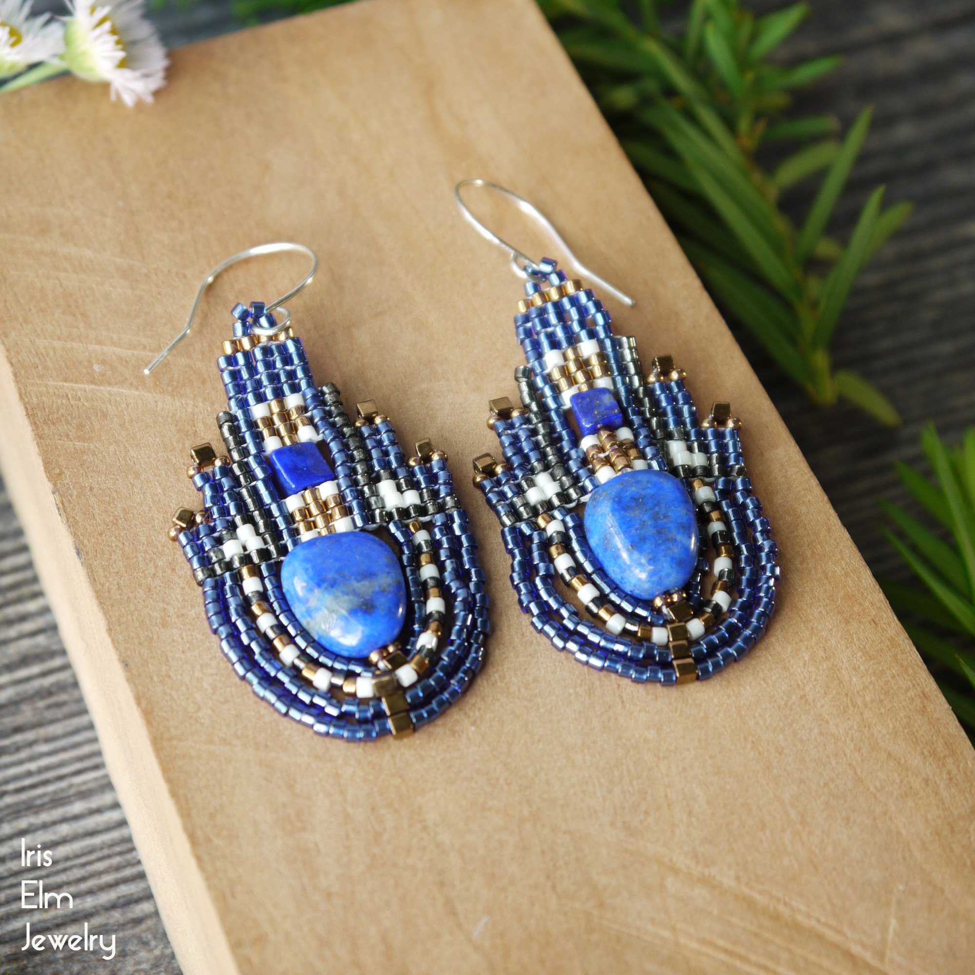 Blue Lapis Lazuli Bohemian Beadwork Earrings by Iris Elm Jewelry handmade in minnesota blue cream bronze glass seed bead woven