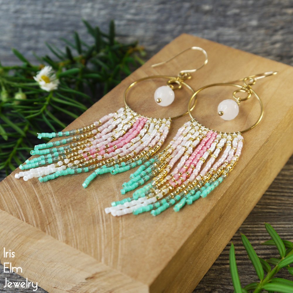 Pink and Mint Green Beaded Glass Hoop Fringe Earrings with Rose Quartz Gemstone - Iris Elm Jewelry