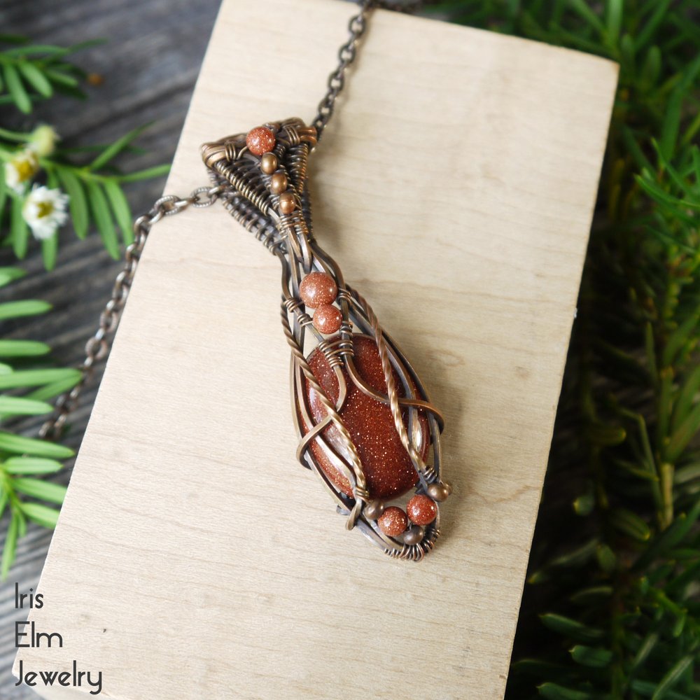Elven Brown Goldstone Wire Wrapped Copper Necklace - Iris Elm Jewelry & Soap