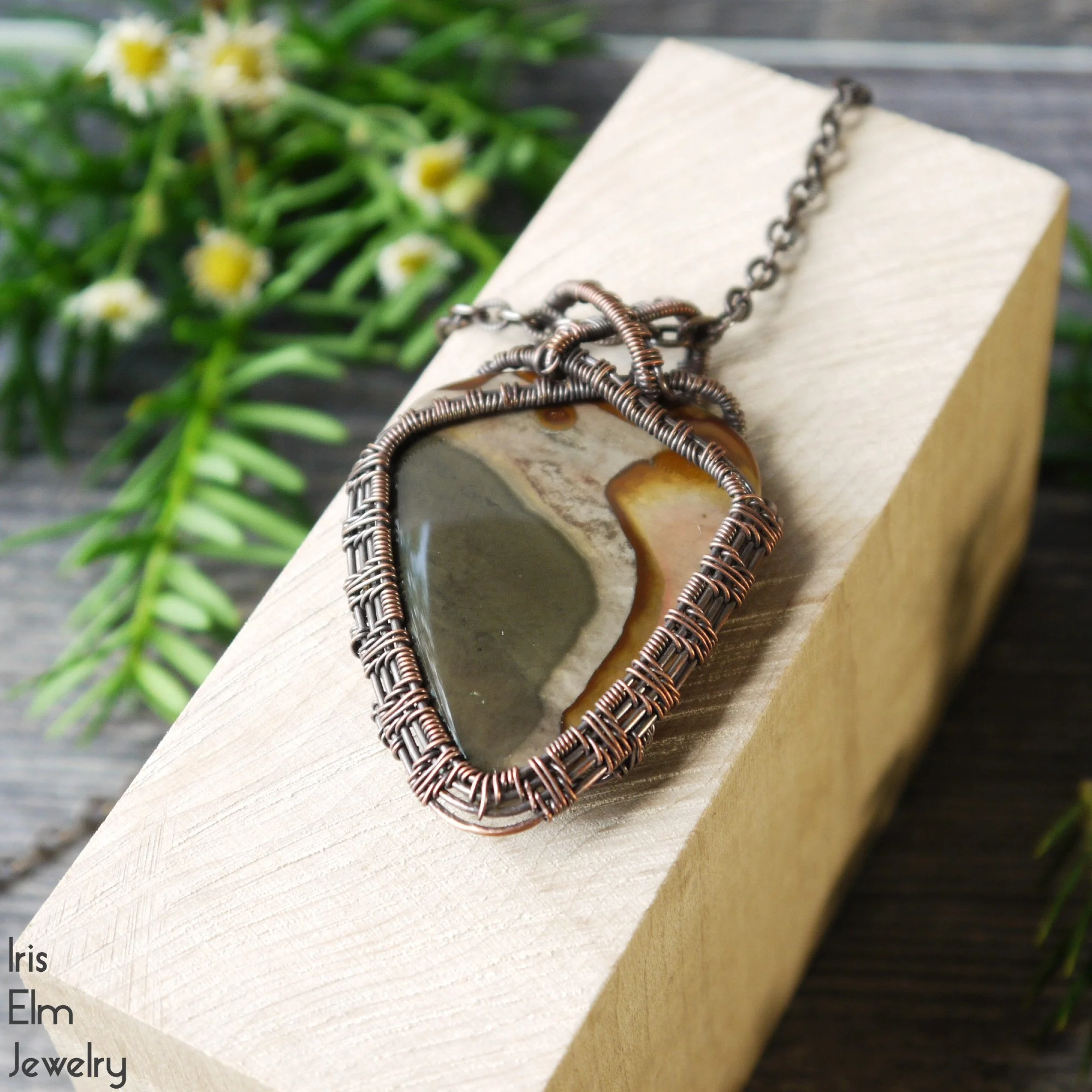 Polychrome Desert Jasper Copper Wire Woven Pendant Necklace by Iris Elm Jewelry impression stone beach earthy