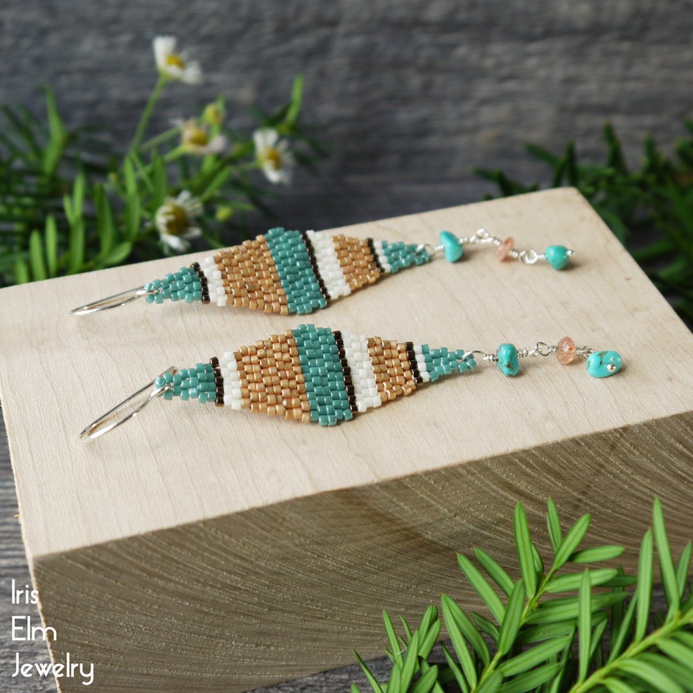 Bronze and Aqua Blue Boho Seed Bead Fringe Earrings - Iris Elm Jewelry & Soap