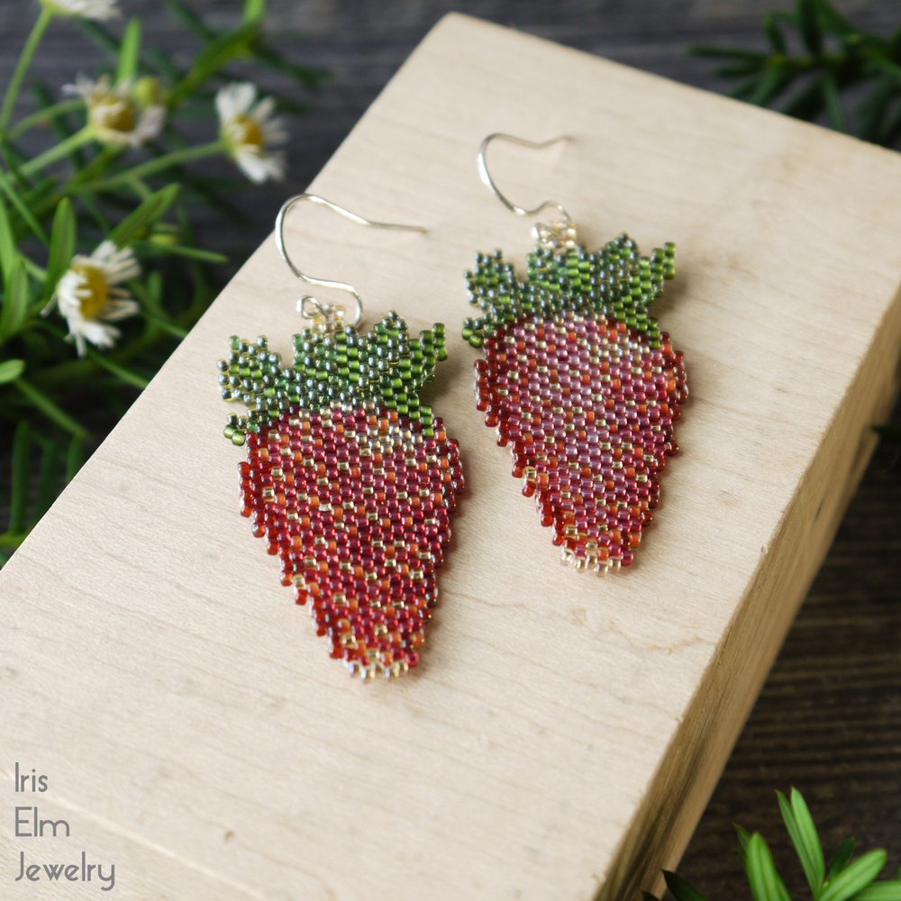 Summer Strawberry Woven Glass Seed Bead Earrings - Iris Elm