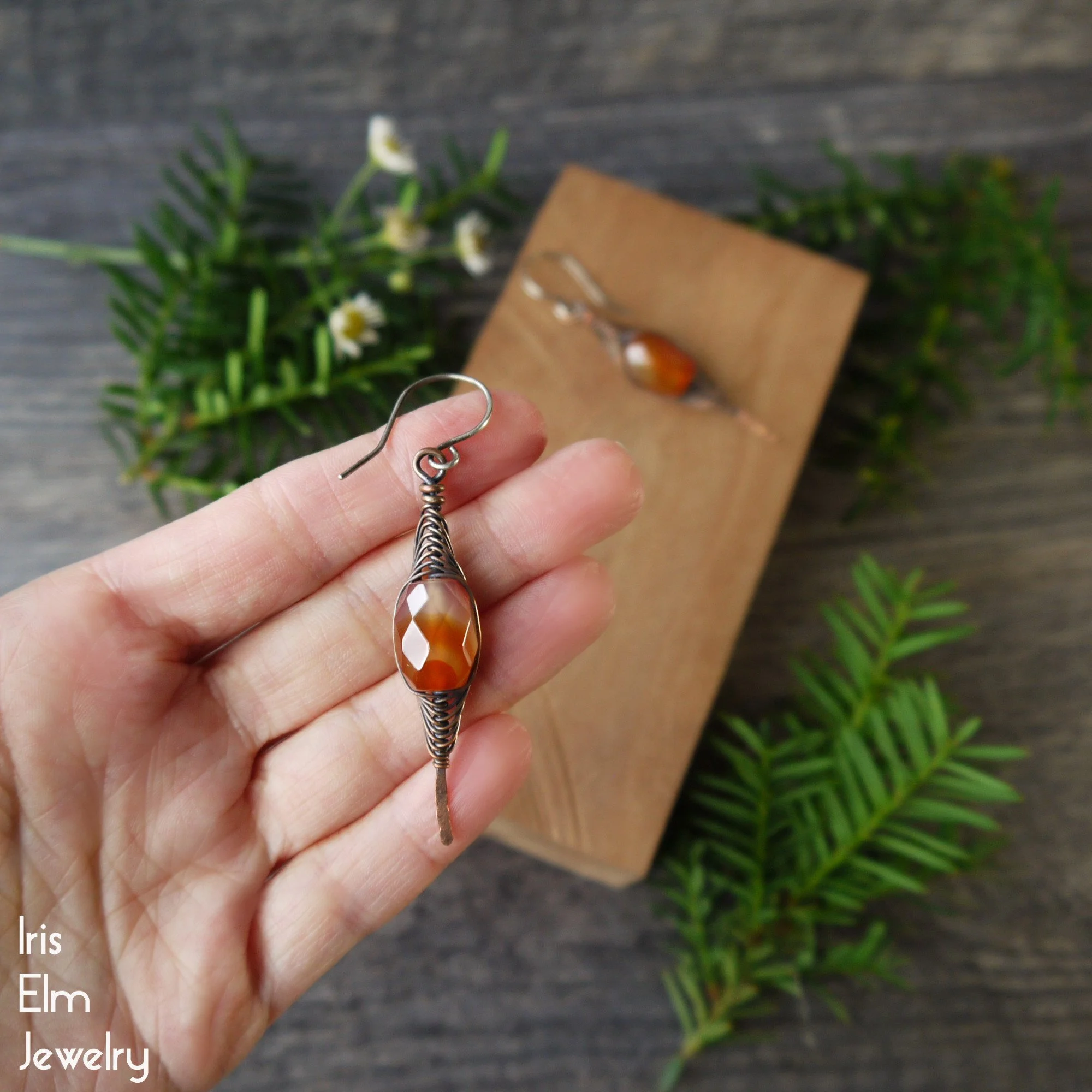 Red Agate Copper Wire Wrapped Herringbone Earrings by Iris Elm Jewelry sterling silver earwires oxidized
