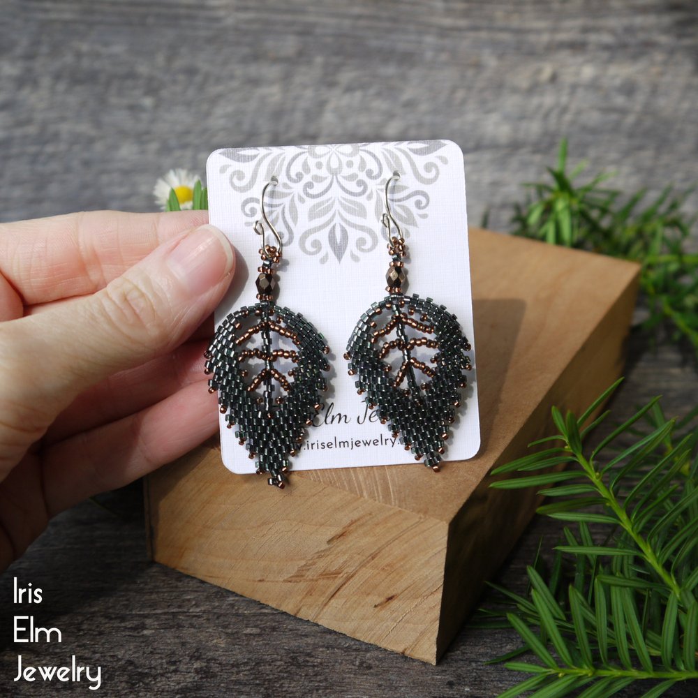 Topaz Brown Autumn Leaf Glass Seed Bead Earrings - Iris Elm Jewelry