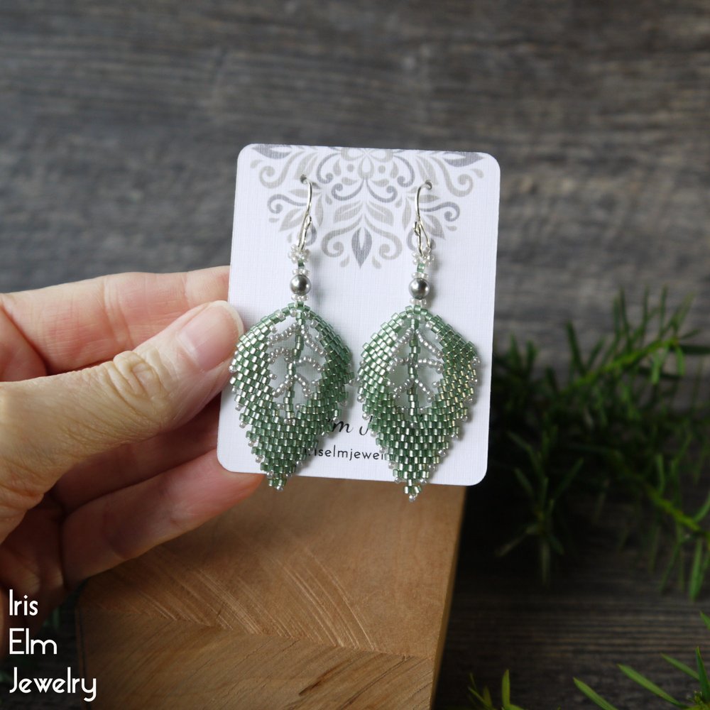 Light Green Glass Beaded Seed Bead Leaf Earrings - Iris Elm Jewelry