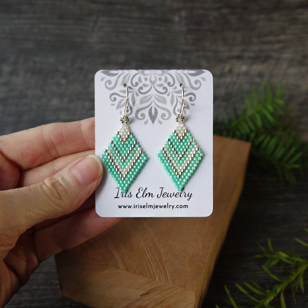 Mint Green and White Lightweight Diamond Shape Glass Earrings