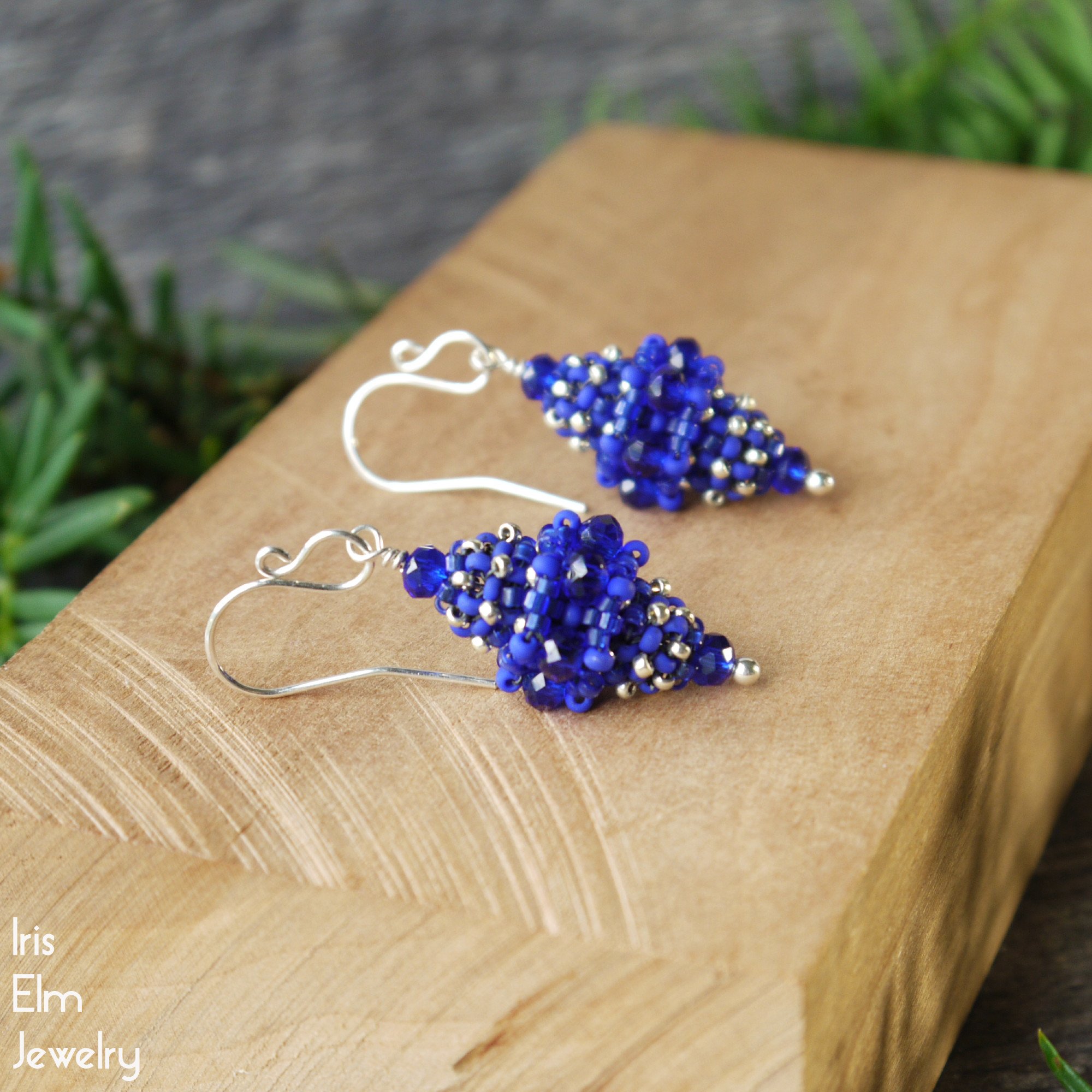 108te cobalt blue beaded bead glass vintage style earrings sterling silver earwires handcrafted artisan jewelry