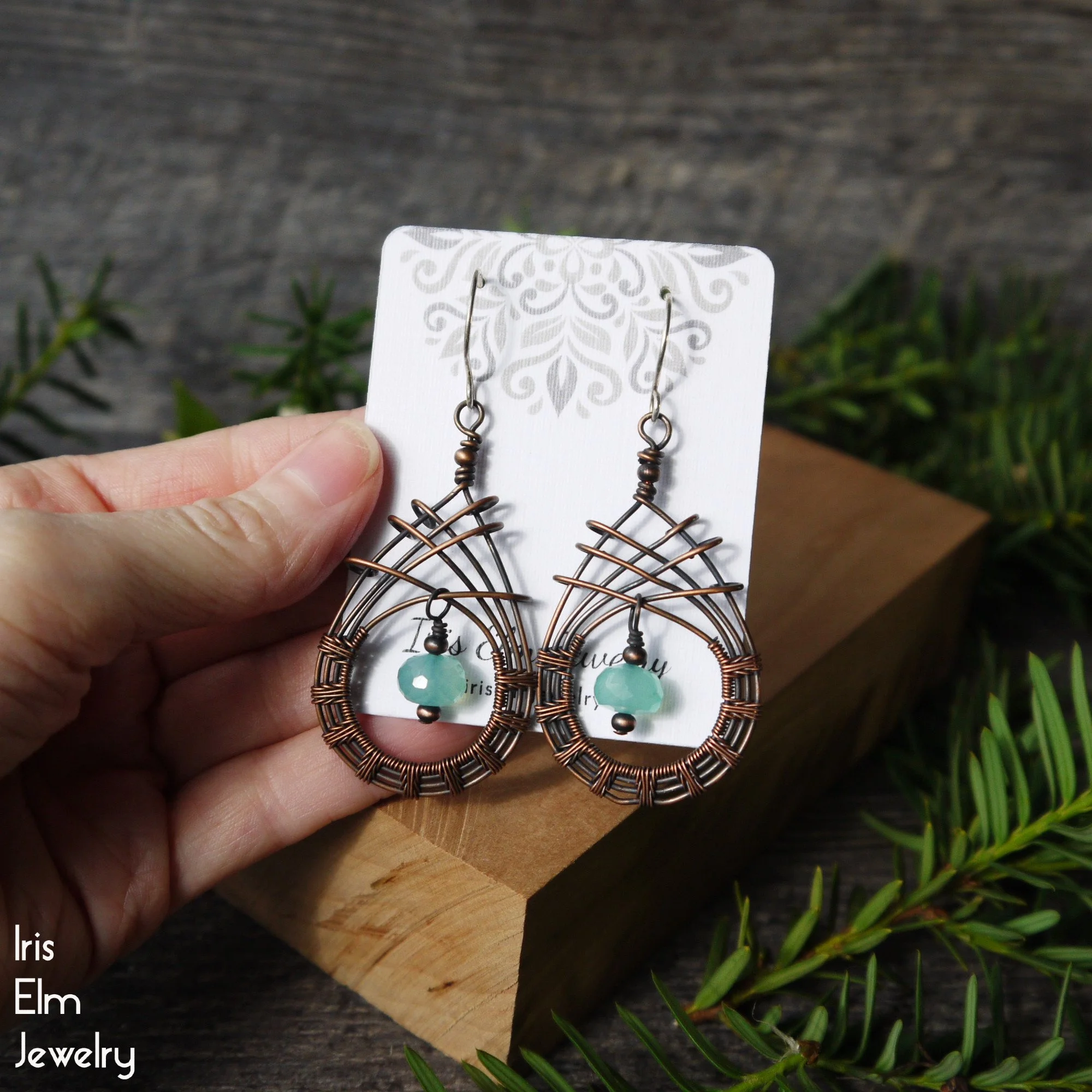 Blue Chalcedony Copper Wire Woven Teardrop Earrings by Iris Elm Jewelry