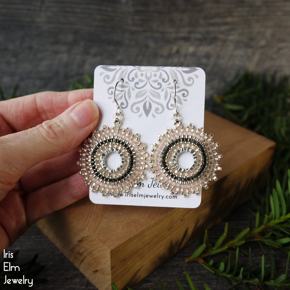 White and Silver Small Glass Seed Bead Snowflake Earrings - Iris Elm Jewelry & Soap
