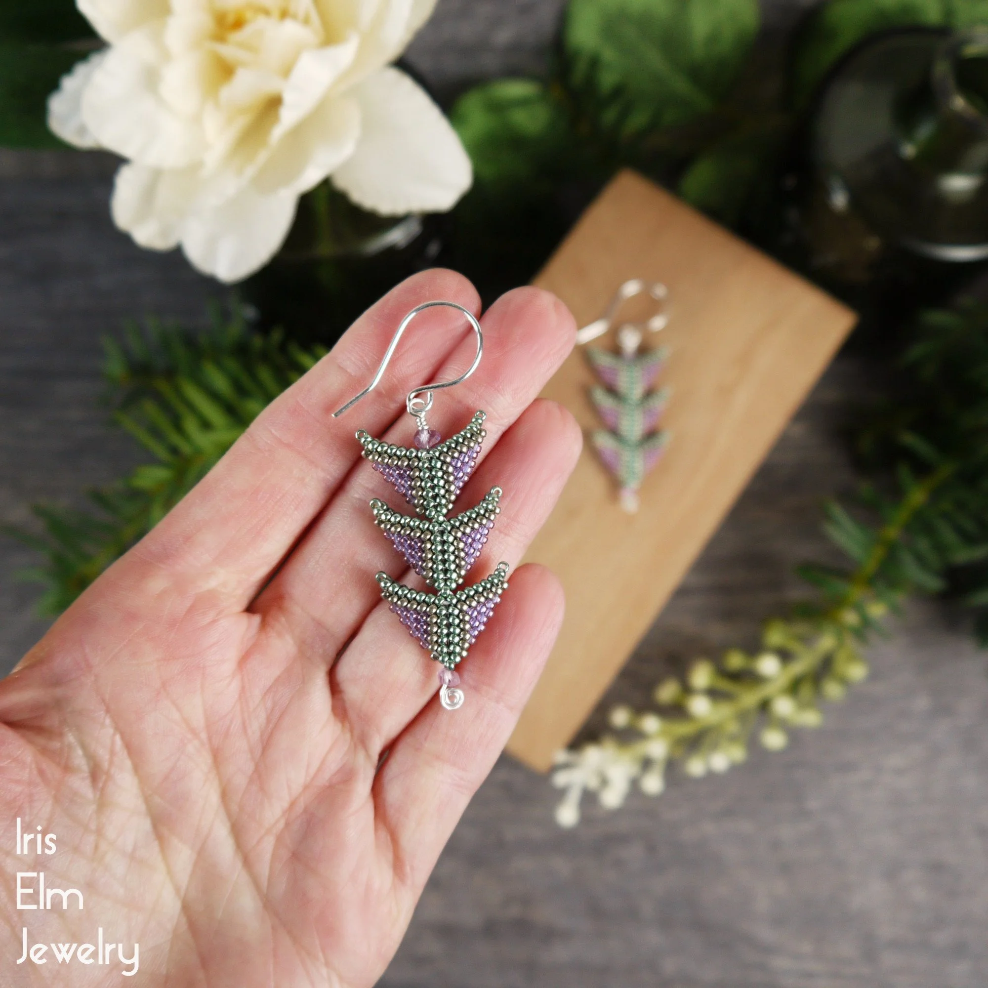 Purple and Green Triple Beaded Glass Triangle Sterling Silver Earrings with Amethyst by Iris Elm Jewelry 2.25 inches handmade