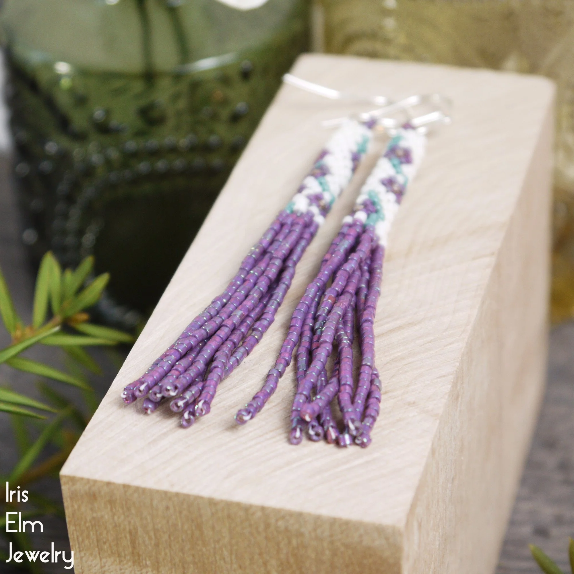 Iridescent Pink Purple Flower Seed Bead Tassel Fringe Earrings by Iris Elm Jewelry sterling silver earwires white blue beadwork floral 3.5 inches