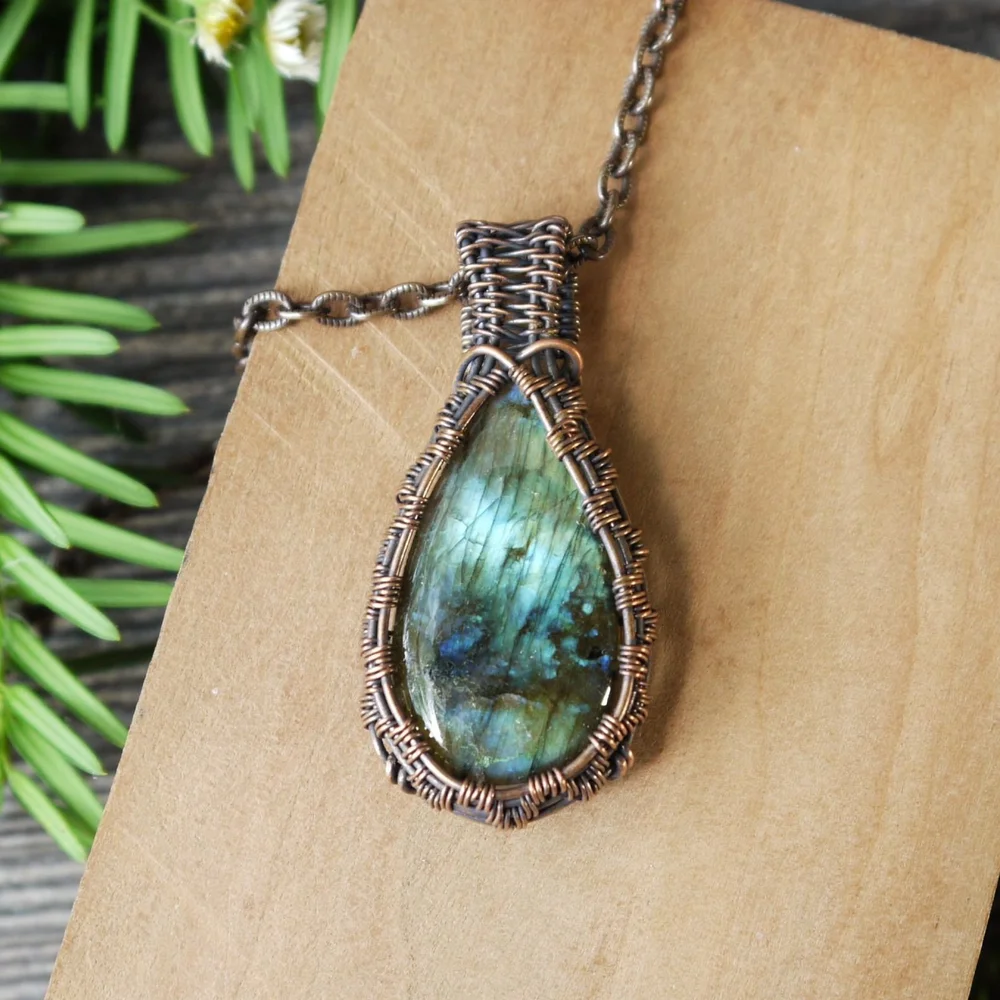 Teardrop Labradorite Copper Wire Wrapped Pendant Necklace Iris