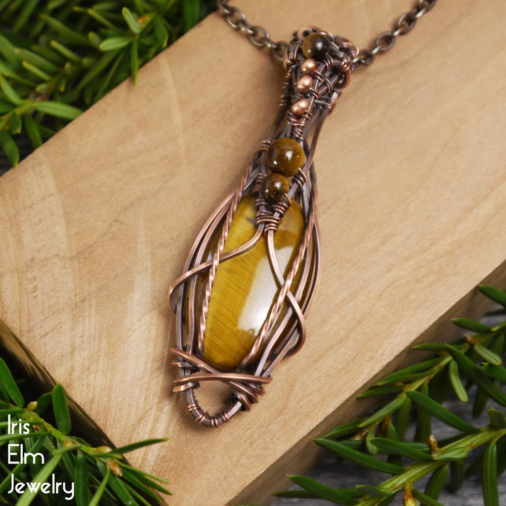 Brown Tiger Eye Elven Boho Copper Wire Wrapped Pendant