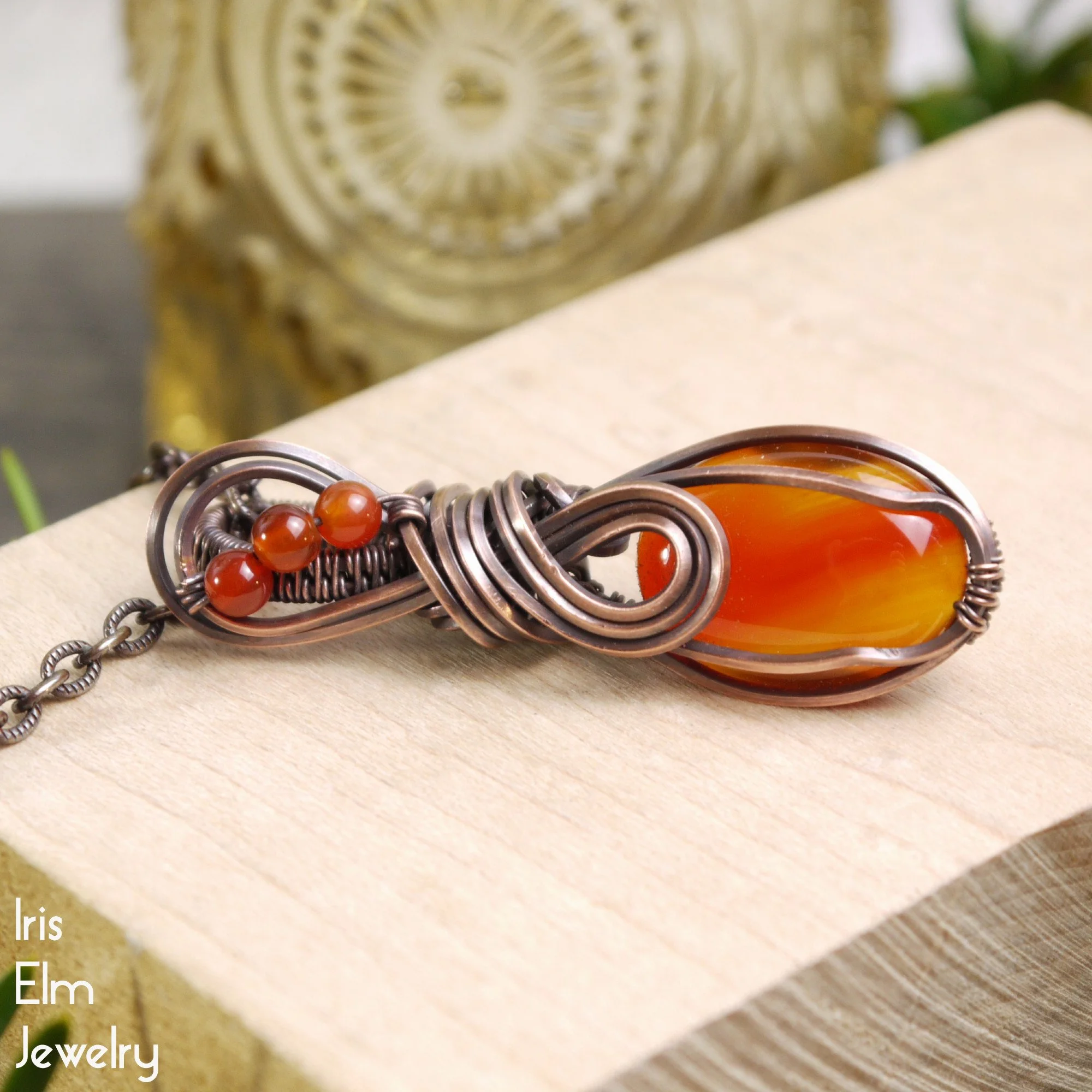Small Red Agate Copper Wire Wrapped Gemstone Pendant Necklace by Iris Elm Jewelry handmade oval 2 inches