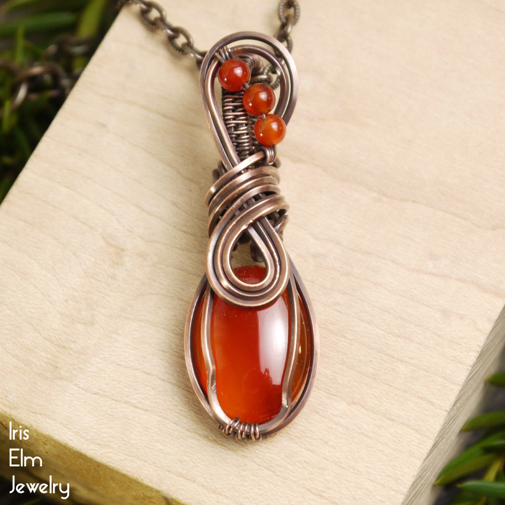 Small Red Agate Copper Wire Wrapped Gemstone Pendant Necklace by Iris Elm Jewelry handmade oval 2 inches