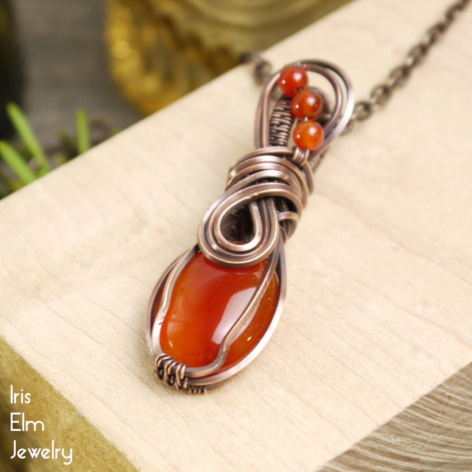 Small Red Agate Copper Wire Wrapped Gemstone Pendant Necklace by Iris Elm Jewelry handmade oval 2 inches