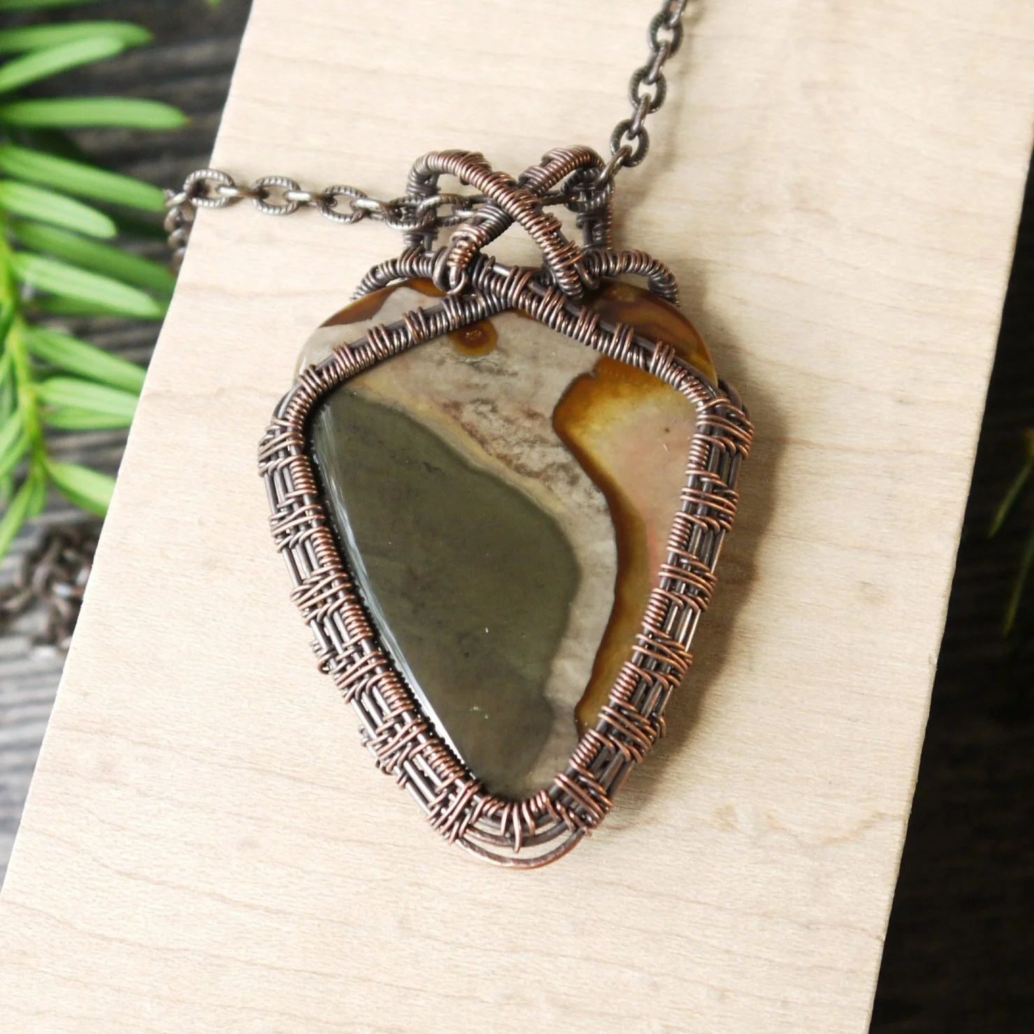 Polychrome Desert Jasper Copper Wire Woven Pendant Necklace by Iris Elm Jewelry impression stone beach earthy