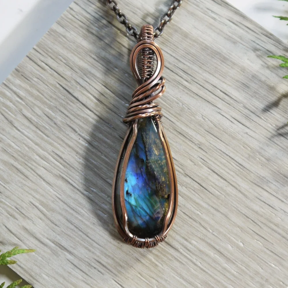 Dark Blue Flashy Labradorite Teardrop Stone Copper Pendant