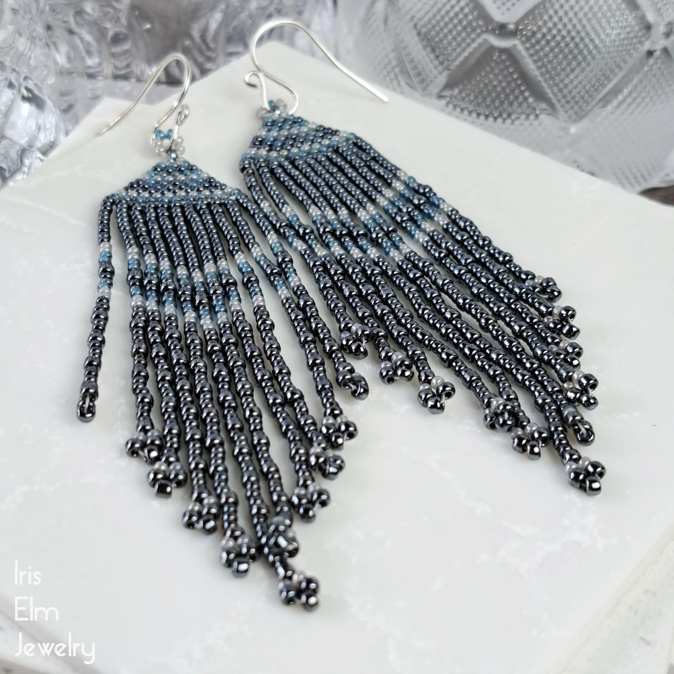 4 inch long Charcoal Grey and Blue Glass Seed Bead Woven Fringe Earrings by Iris Elm Jewelry handmade sterling silver