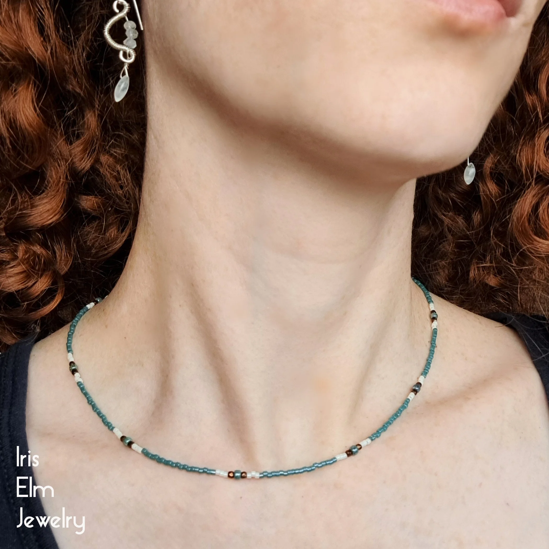 Beaded Glass Seed Bead Layering Necklace - Turquoise Blue, Bronze, and White