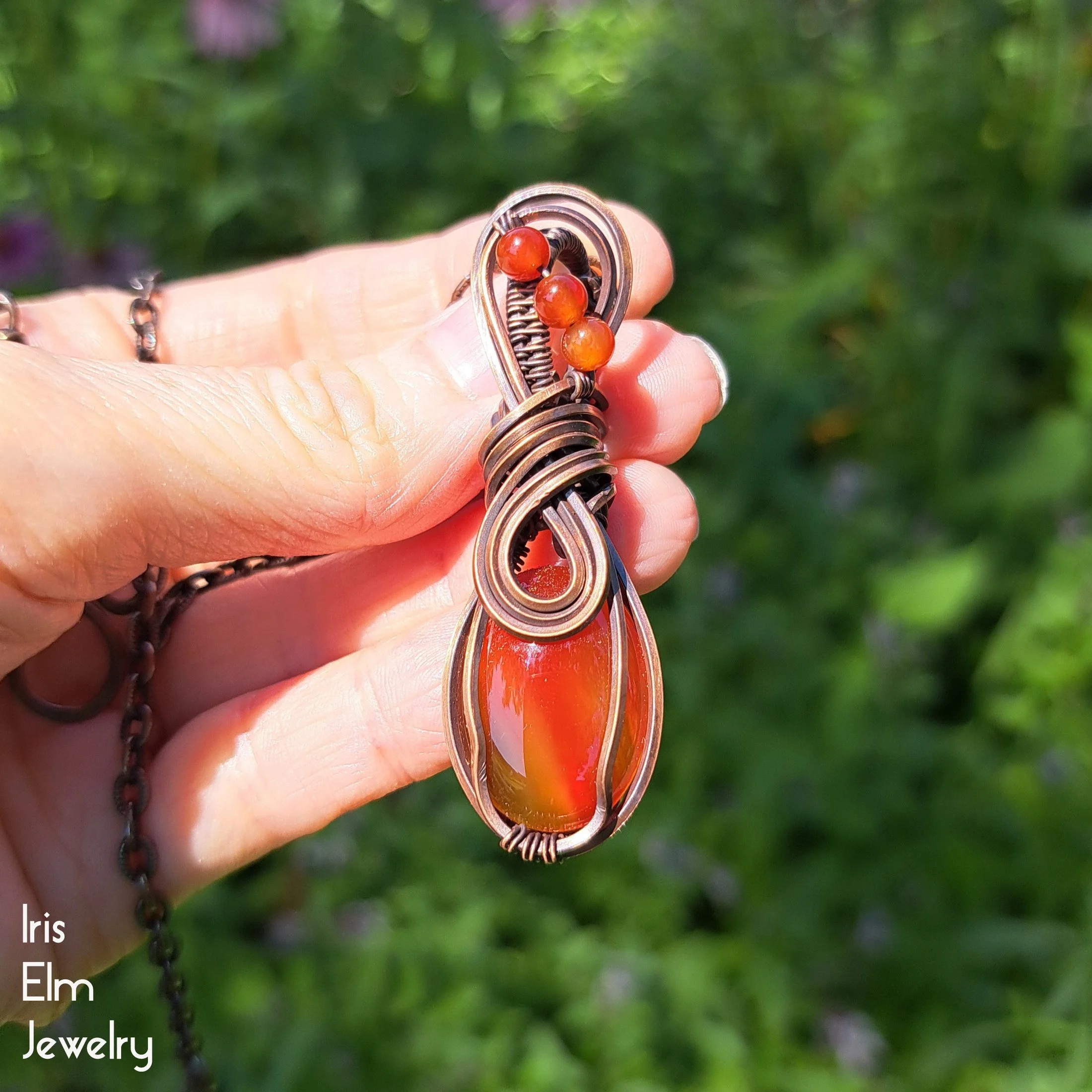 Small Red Agate Copper Wire Wrapped Gemstone Pendant Necklace by Iris Elm Jewelry handmade oval 2 inches