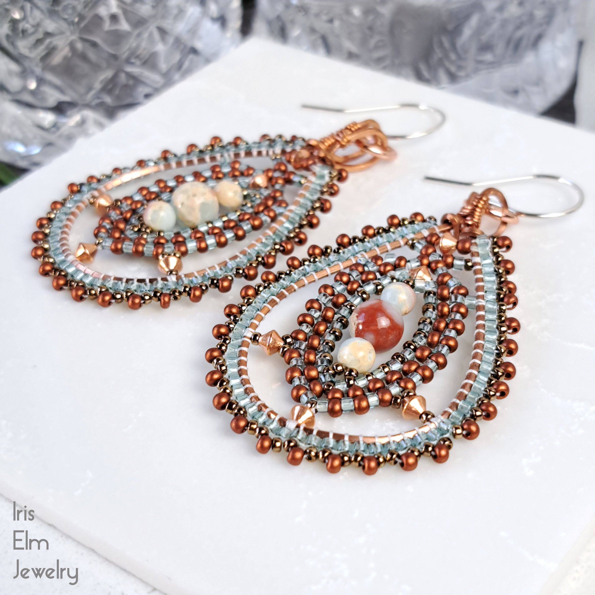 Impression Jasper Beadwork Copper Teardrop Statement Earrings by Iris Elm Jewelry 2.75 inches handmade in minnesota