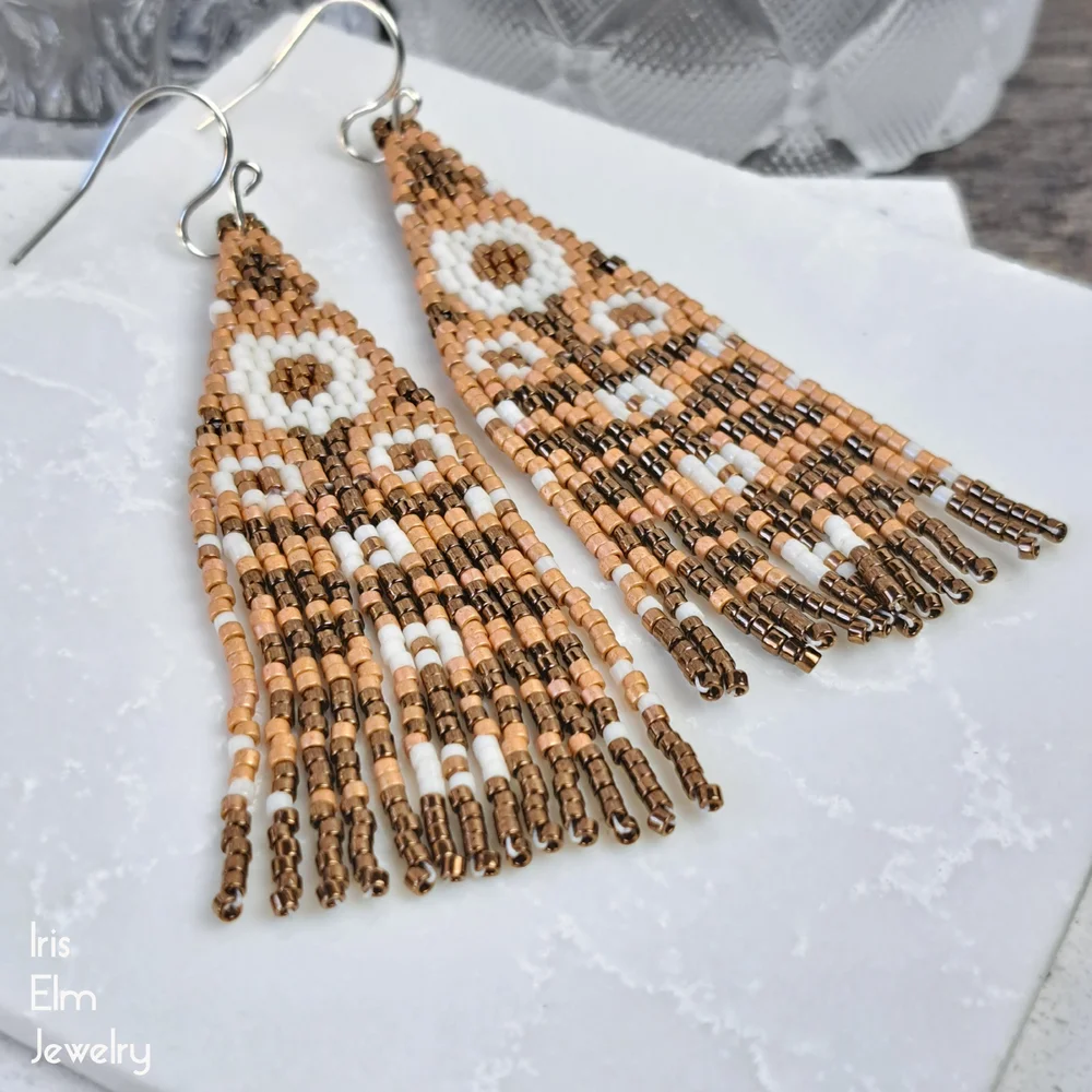 Autumn Harvest Folk Art Floral Glass Seed Bead Fringe Earrings