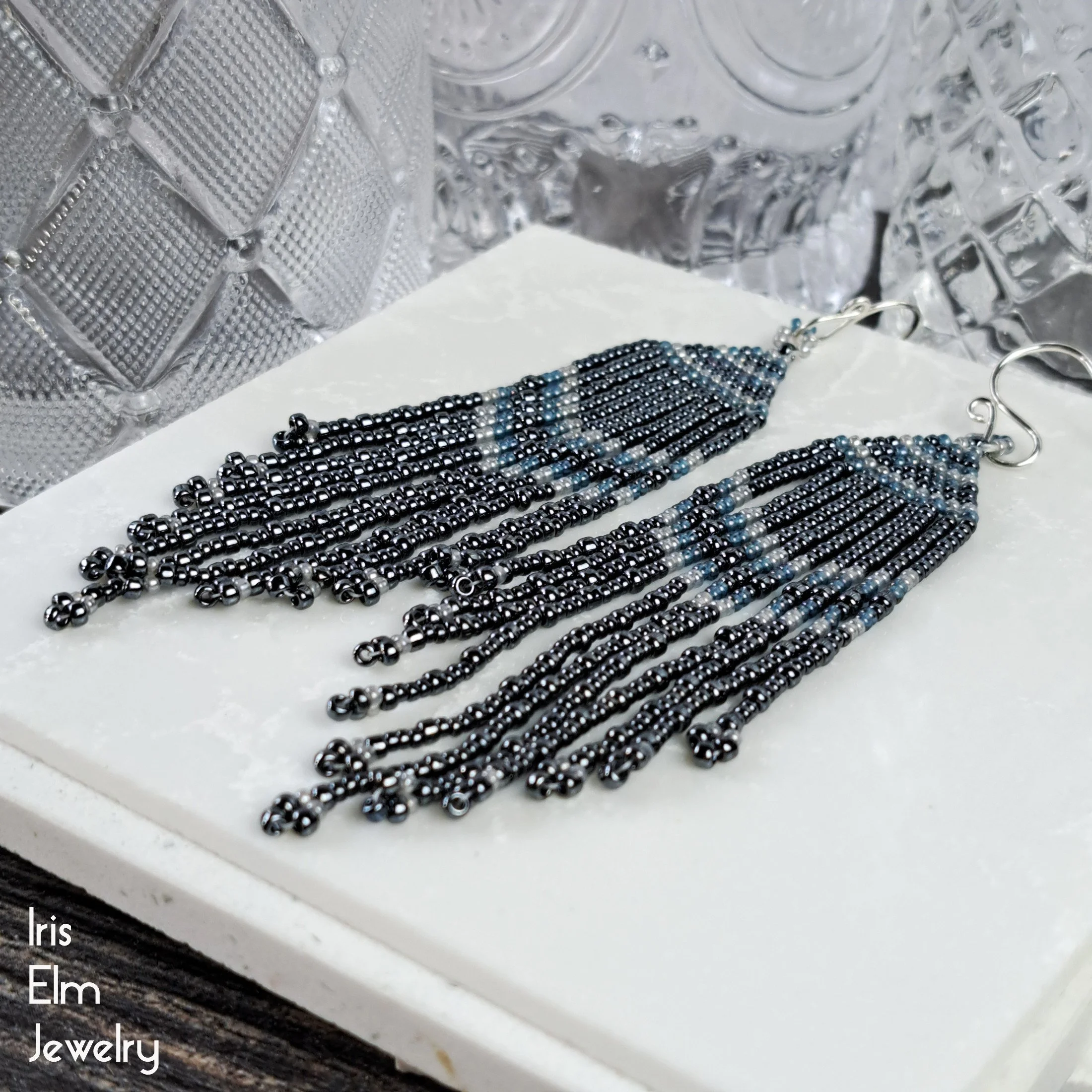 Charcoal Grey and Blue Glass Seed Bead Woven Fringe Earrings