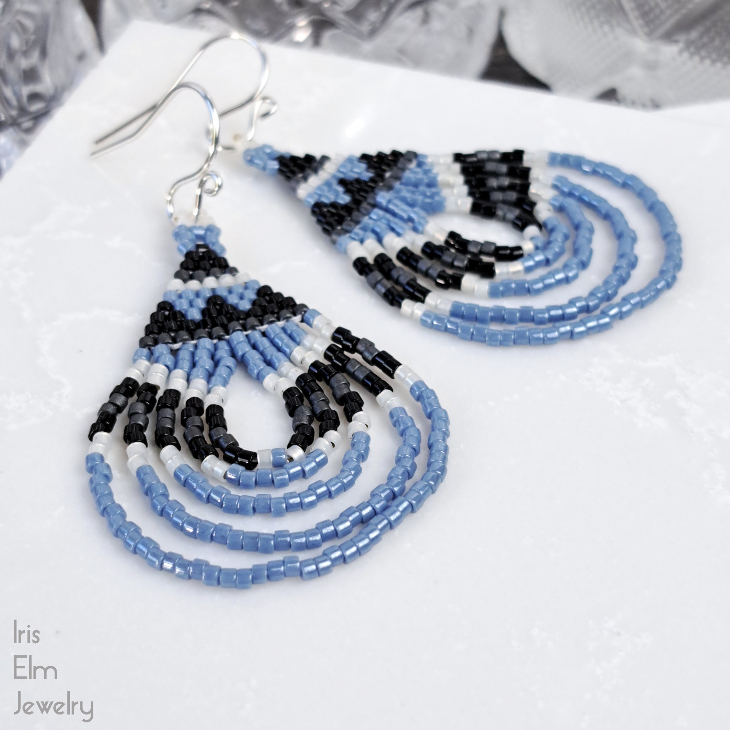 Light Blue Bohemian Glass Seed Bead Teardrop Earrings by Iris Elm Jewelry with black white grey and sterling silver earwires handmade in minnesota