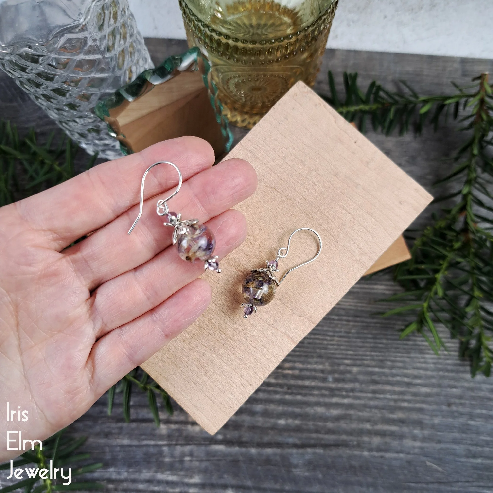 Anise Hyssop Real Purple Wildflower Dangle Earrings with Amethyst by Iris Elm Jewelry