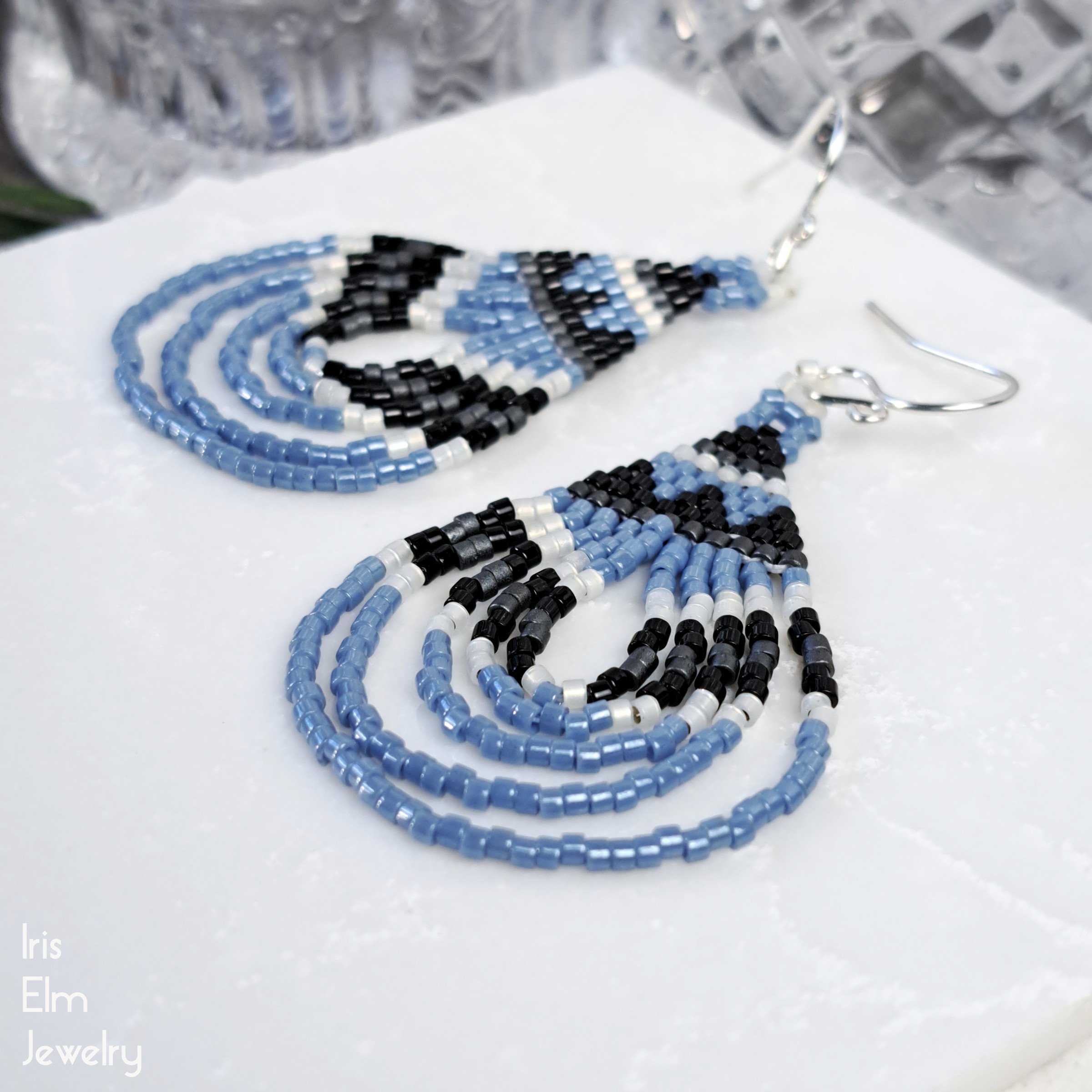 Light Blue Bohemian Glass Seed Bead Teardrop Earrings by Iris Elm Jewelry with black white grey and sterling silver earwires handmade in minnesota