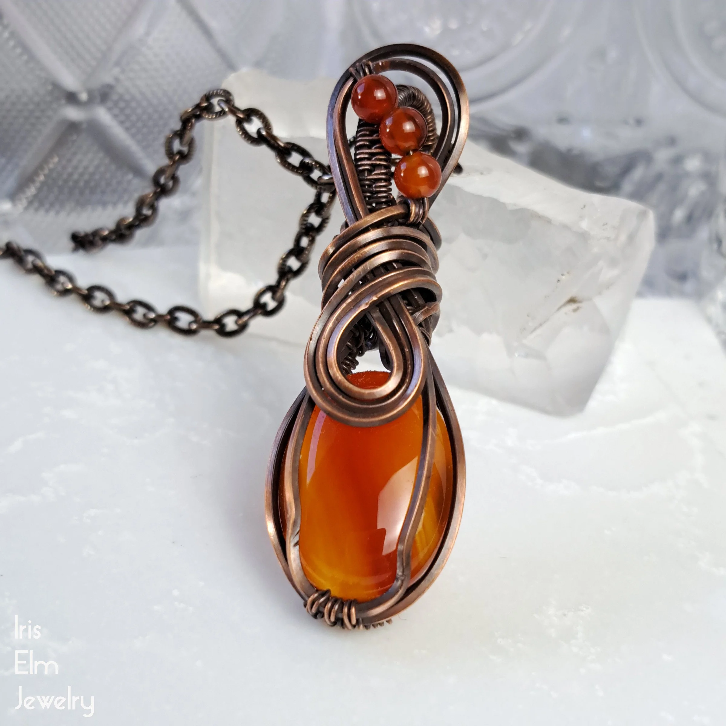 Small Red Agate Copper Wire Wrapped Gemstone Pendant Necklace by Iris Elm Jewelry handmade oval 2 inches