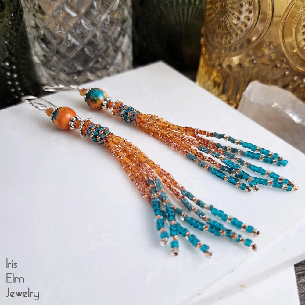 Beaded Tassel Orange Fringe Earrings Wholesale Handmade Beaded