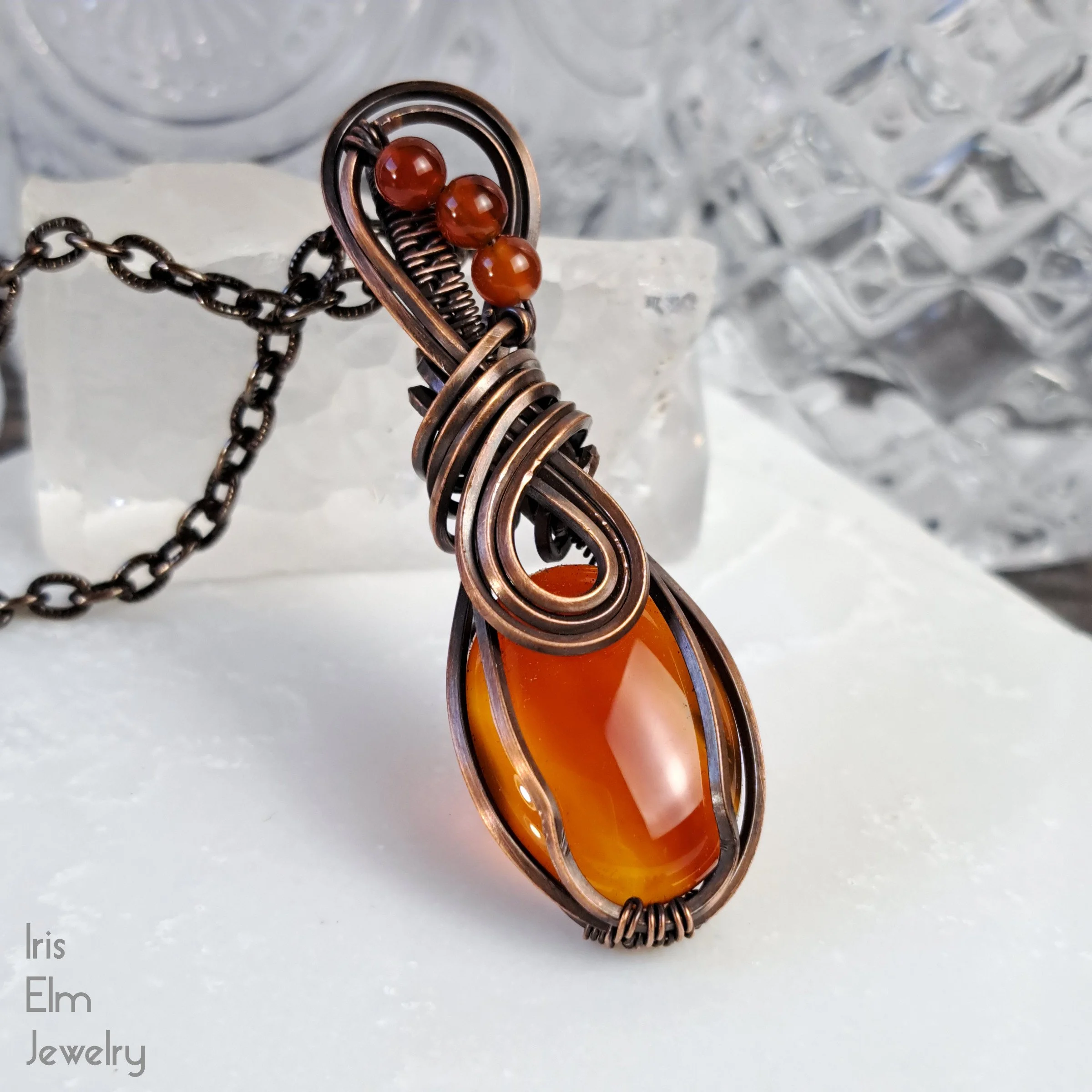 Small Red Agate Copper Wire Wrapped Gemstone Pendant Necklace