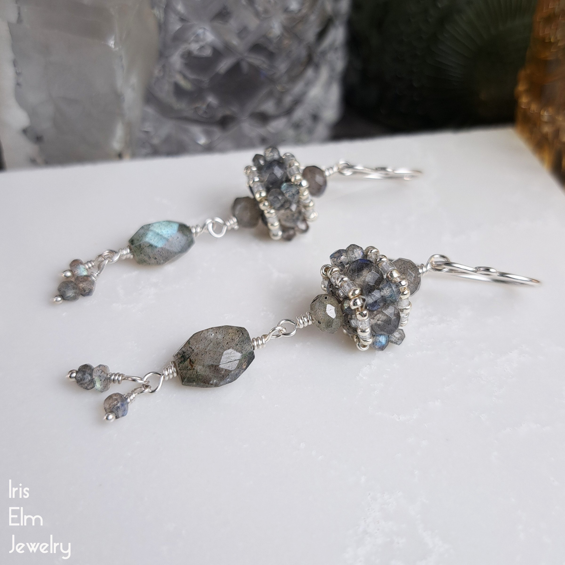 Beadwork Faceted Labradorite Dangle Earrings - Sterling Silver - Handmade by Iris Elm Jewerly 2.25 inches