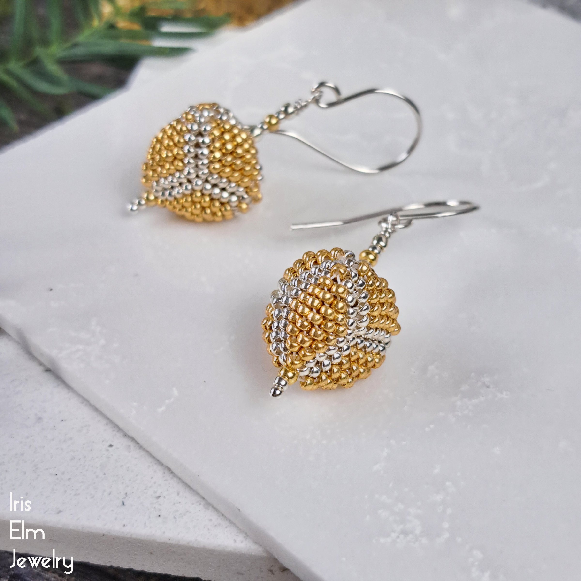 3d Gold and Silver Beadwoven Glass Triangle Dangle Earrings by Iris Elm Jewelry